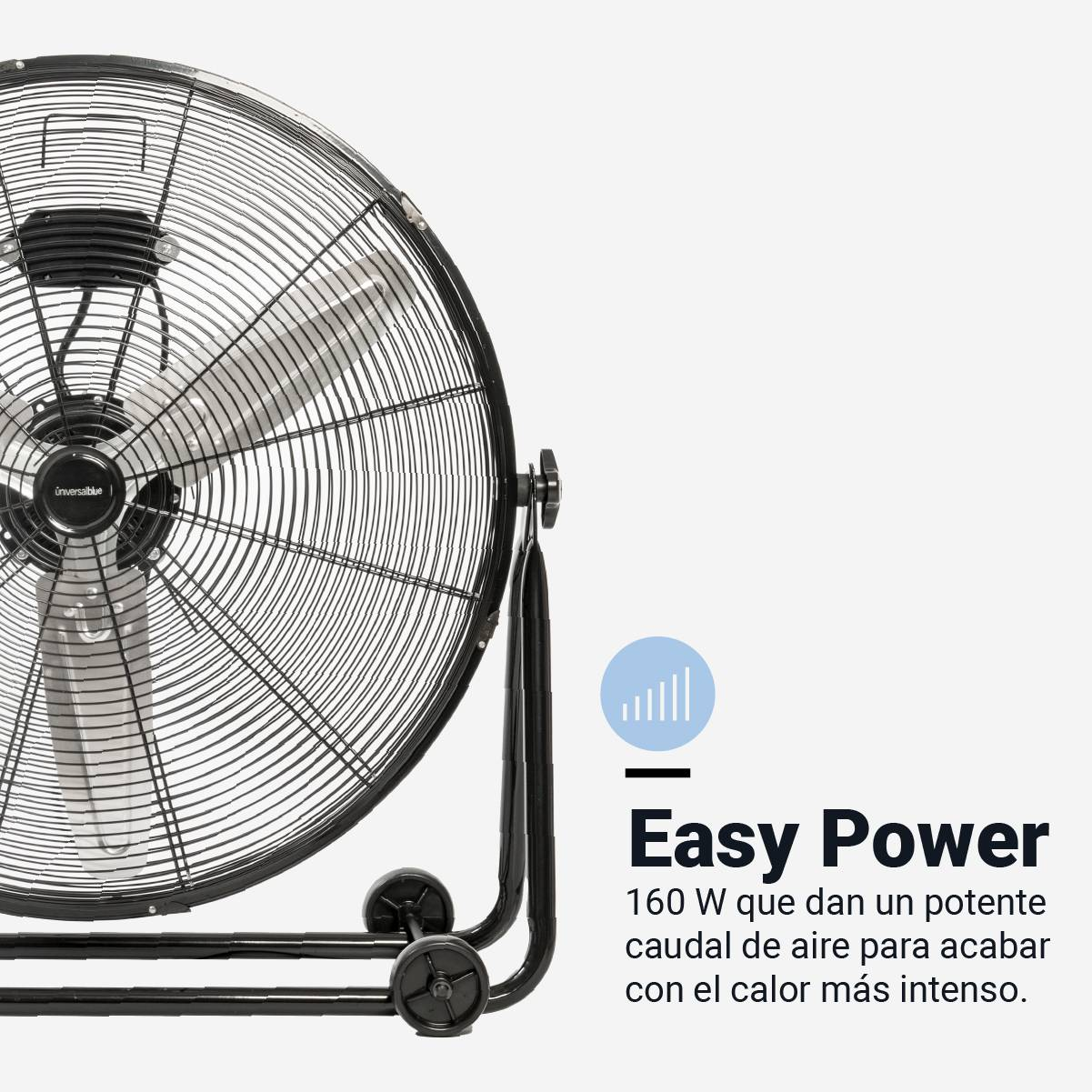 Un ventilador industrial negro con aspas y una rejilla protectora. El texto dice 'Easy Power' y 160 W.