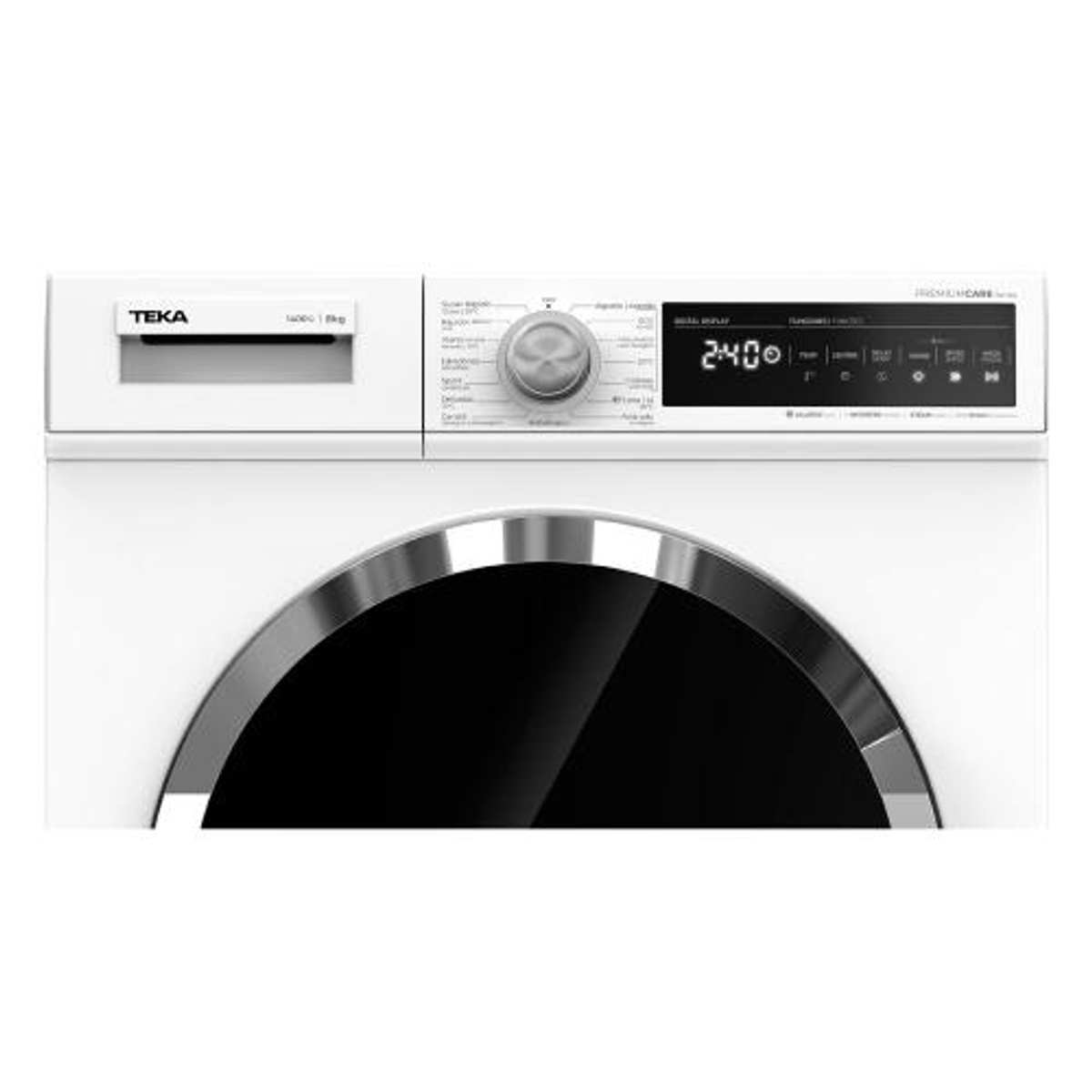 Panel de control de lavadora blanco. Pantalla muestra 2:40. Logo TEKA a la izquierda.