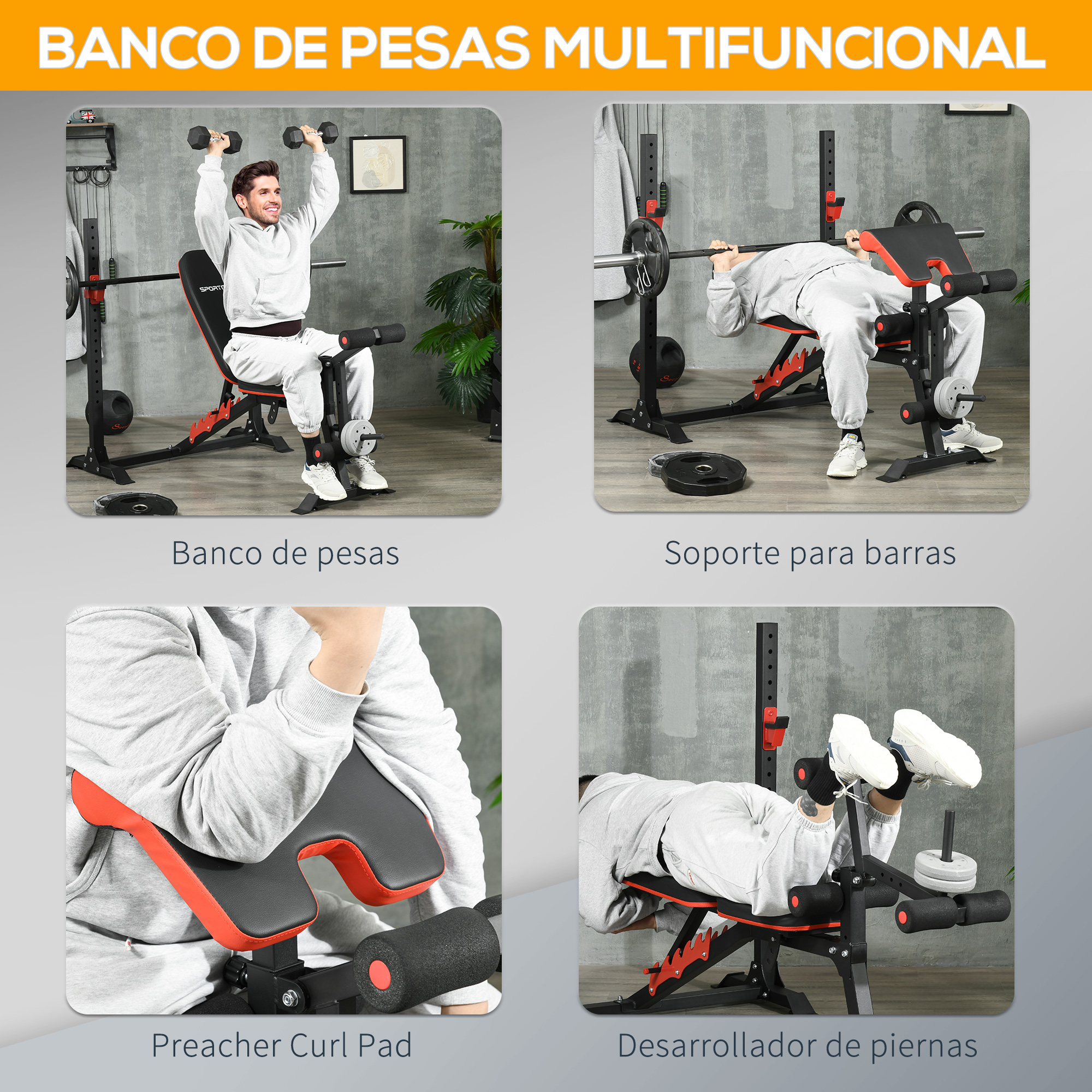 Banco de pesas multifuncional. Personas usando pesas, y almohadilla curl.
