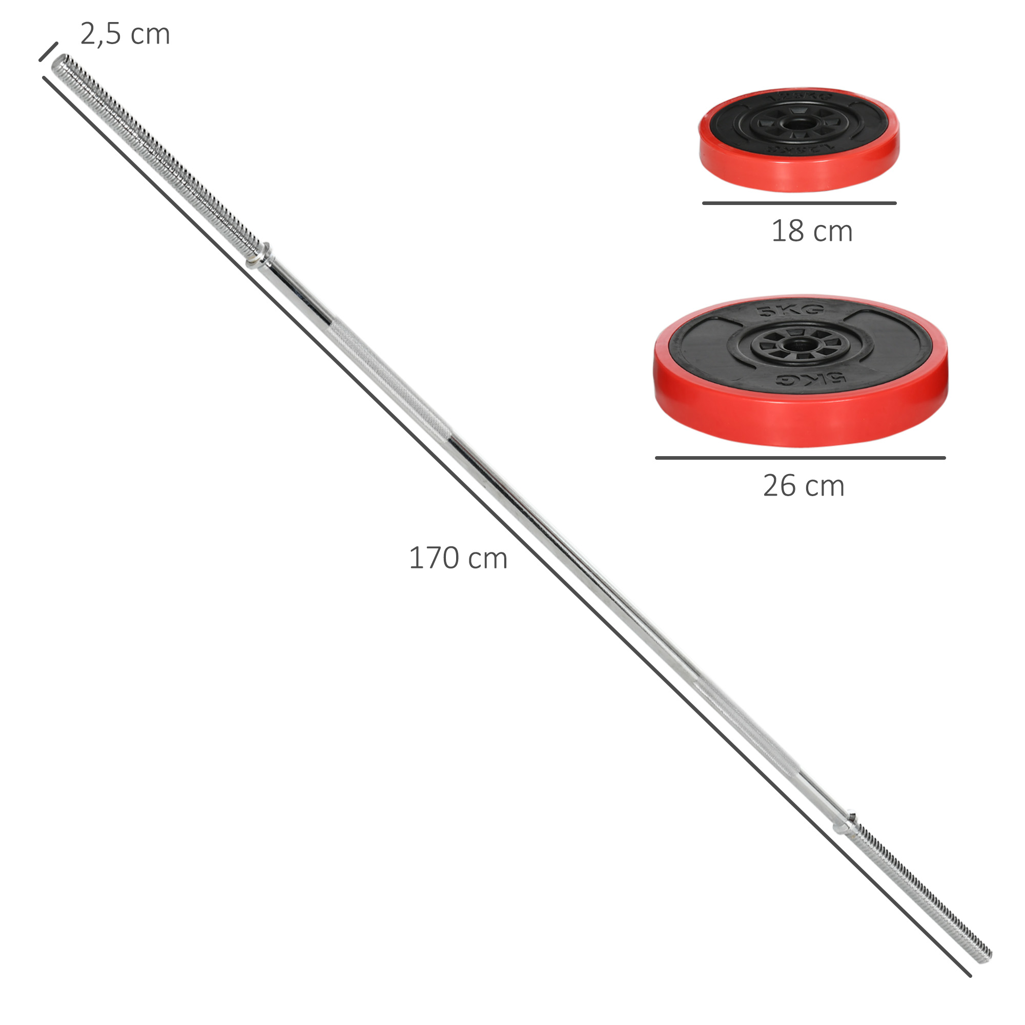 Una barra y discos de pesas. La barra mide 170 cm de largo, los discos tienen 26 cm y 18 cm de diámetro.