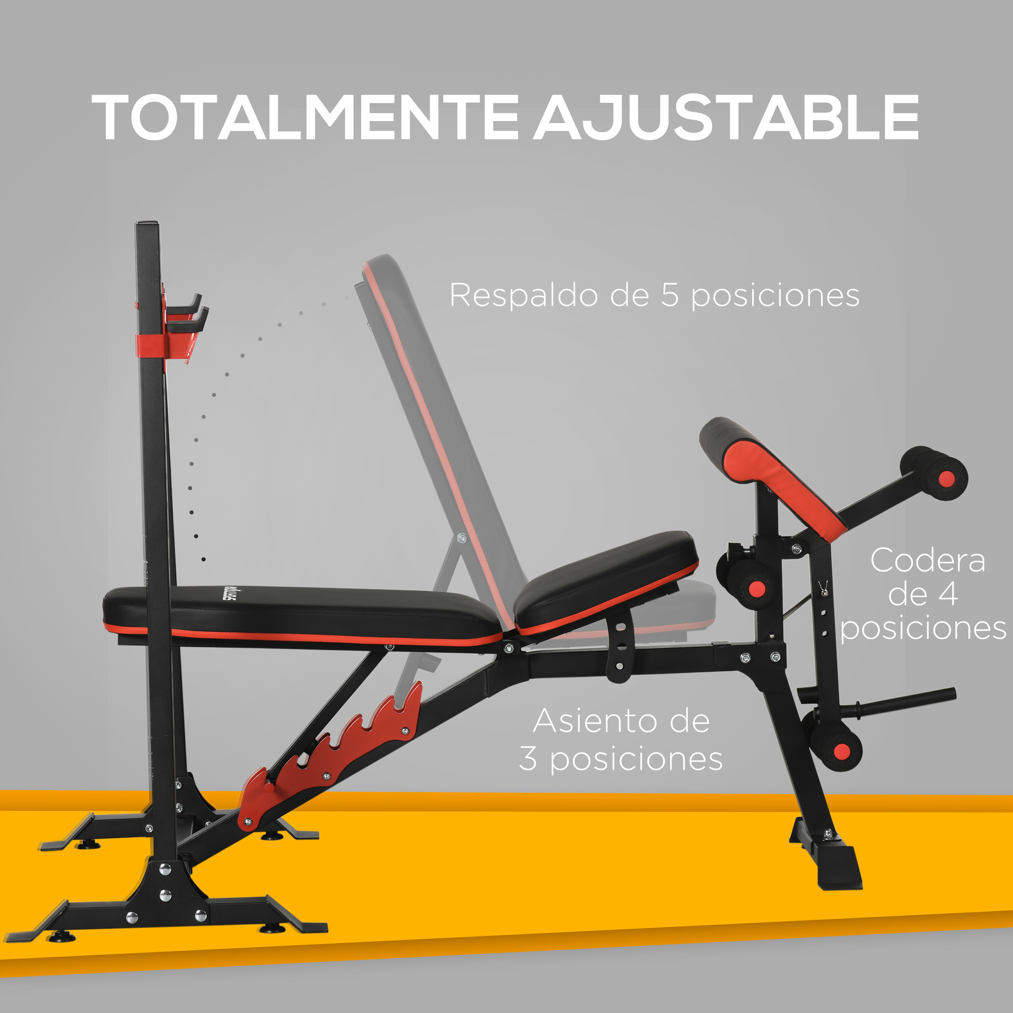 Banco de pesas ajustable con detalles rojos, mostrando diferentes posiciones.