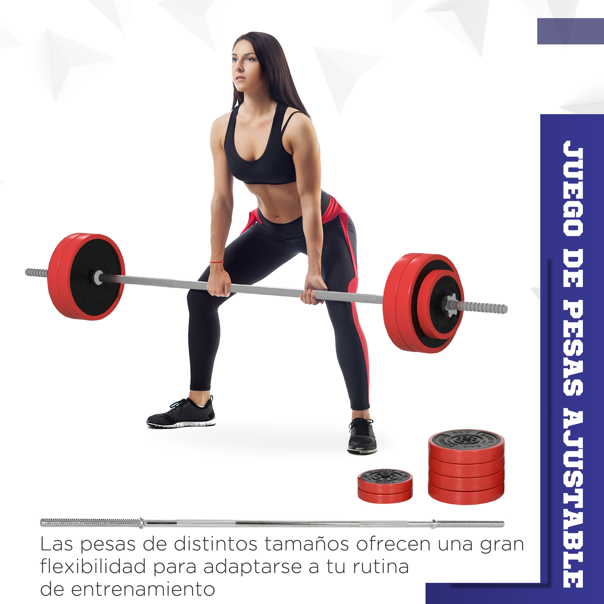 Mujer en ropa de gimnasia levanta una barra con pesas rojas. Otras pesas están en el suelo.