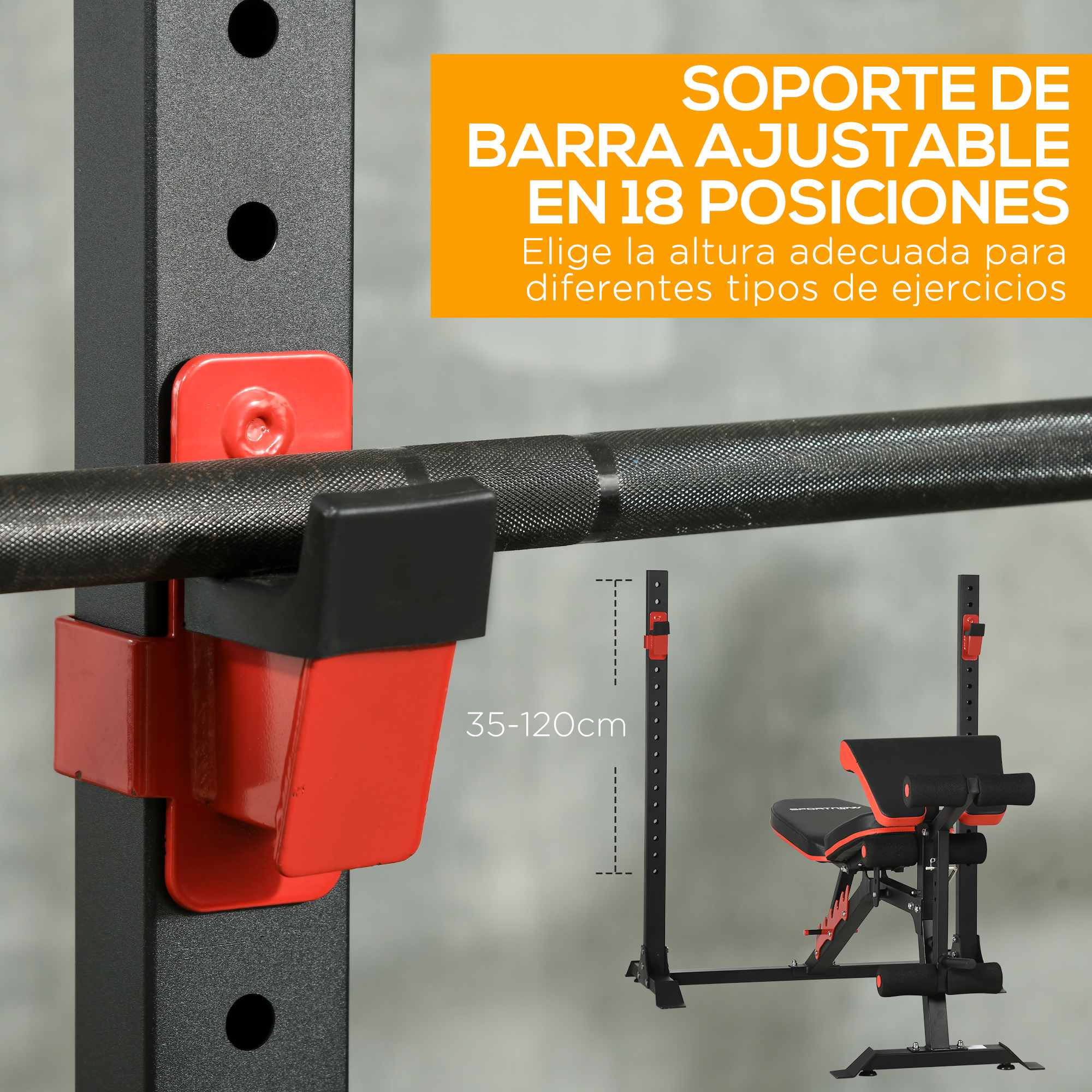 Rack de levantamiento de pesas con seguros rojos. Texto: Soporte de barra ajustable en 18 posiciones.