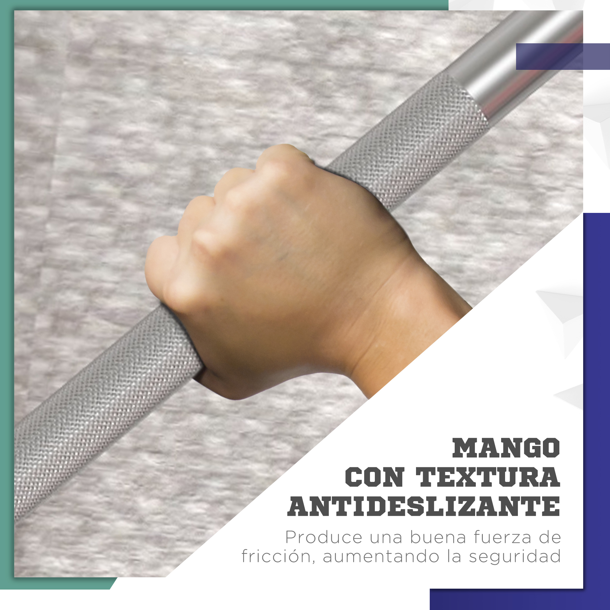 Una mano sosteniendo una barra, el mango tiene textura antideslizante. Texto en español.