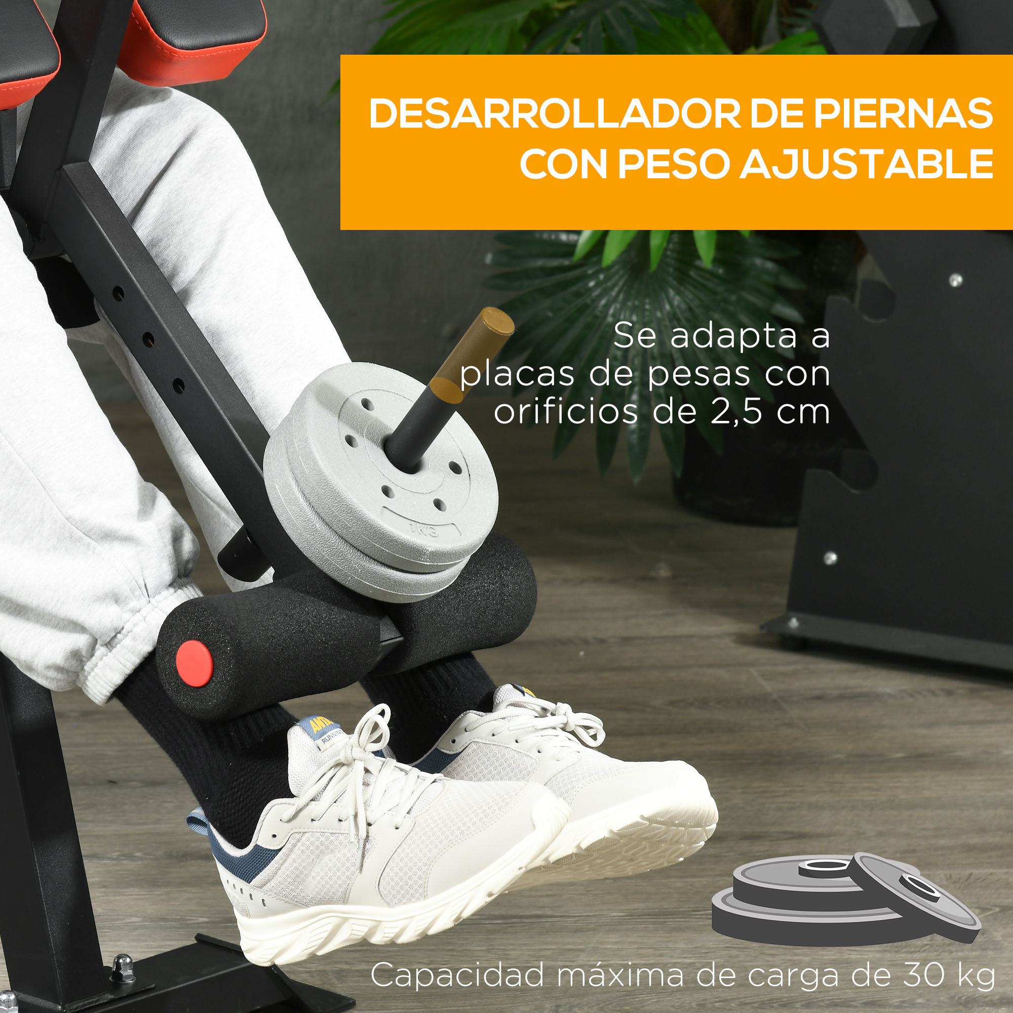Una persona usando un desarrollador de piernas con pesas adjuntas. Texto: 'Desarrollador de piernas con peso ajustable'.
