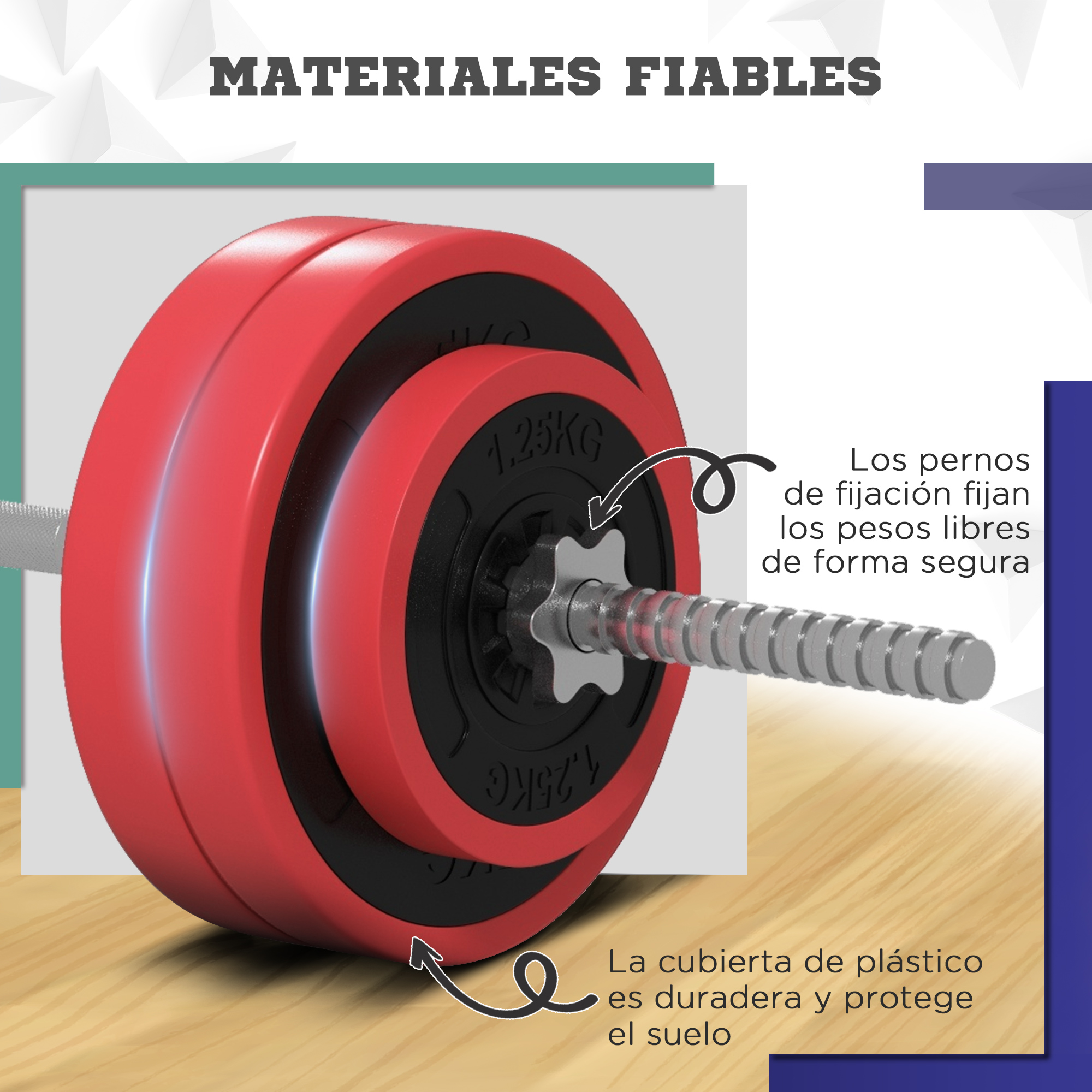 Juego de pesas con pesas rojas, negras y plateadas. Texto y flechas indican características.
