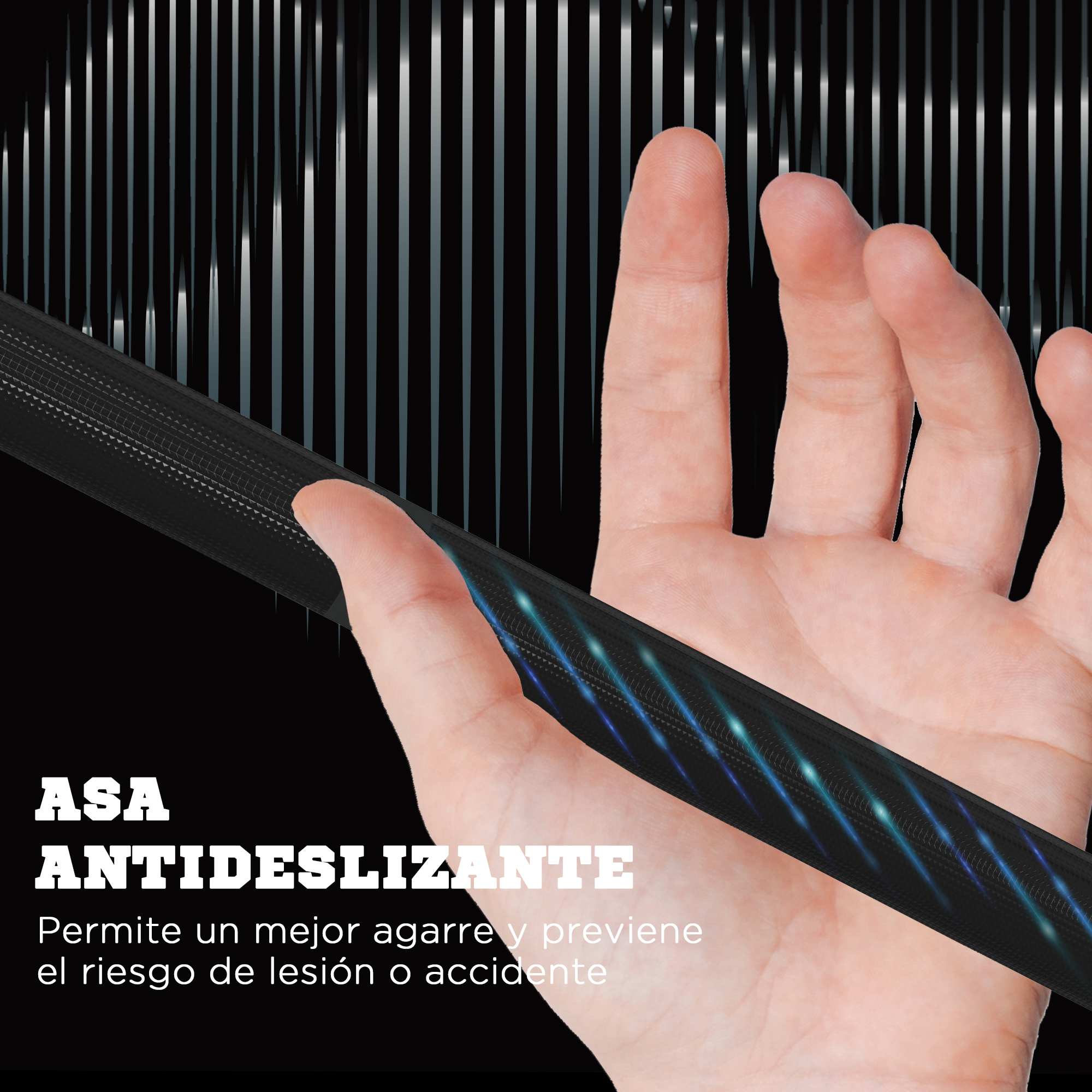 Mano sosteniendo un cable negro texturizado con texto que promueve el agarre antideslizante.
