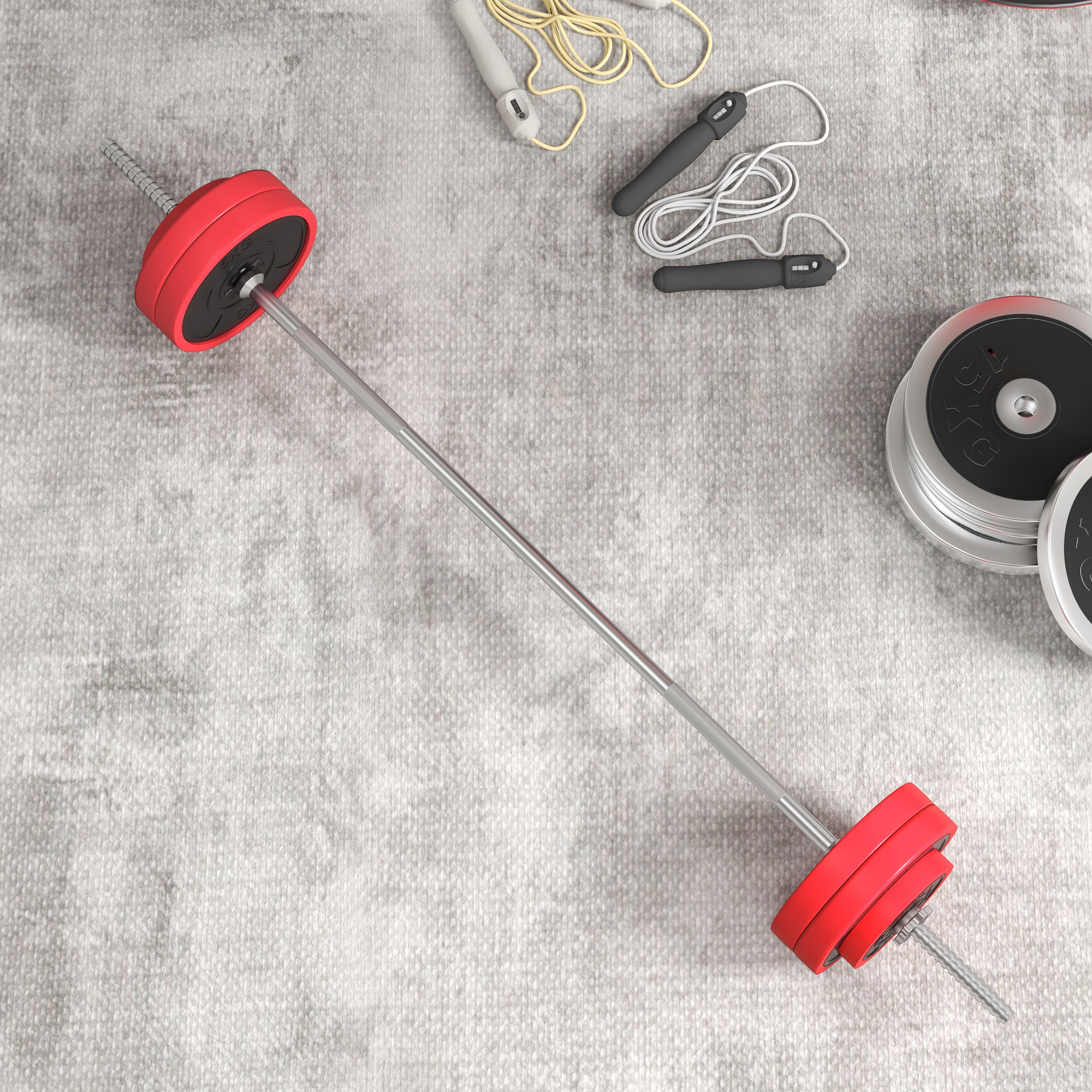Una barra con pesas rojas y una superficie gris. Cuerdas para saltar y discos de pesas son visibles en el fondo.