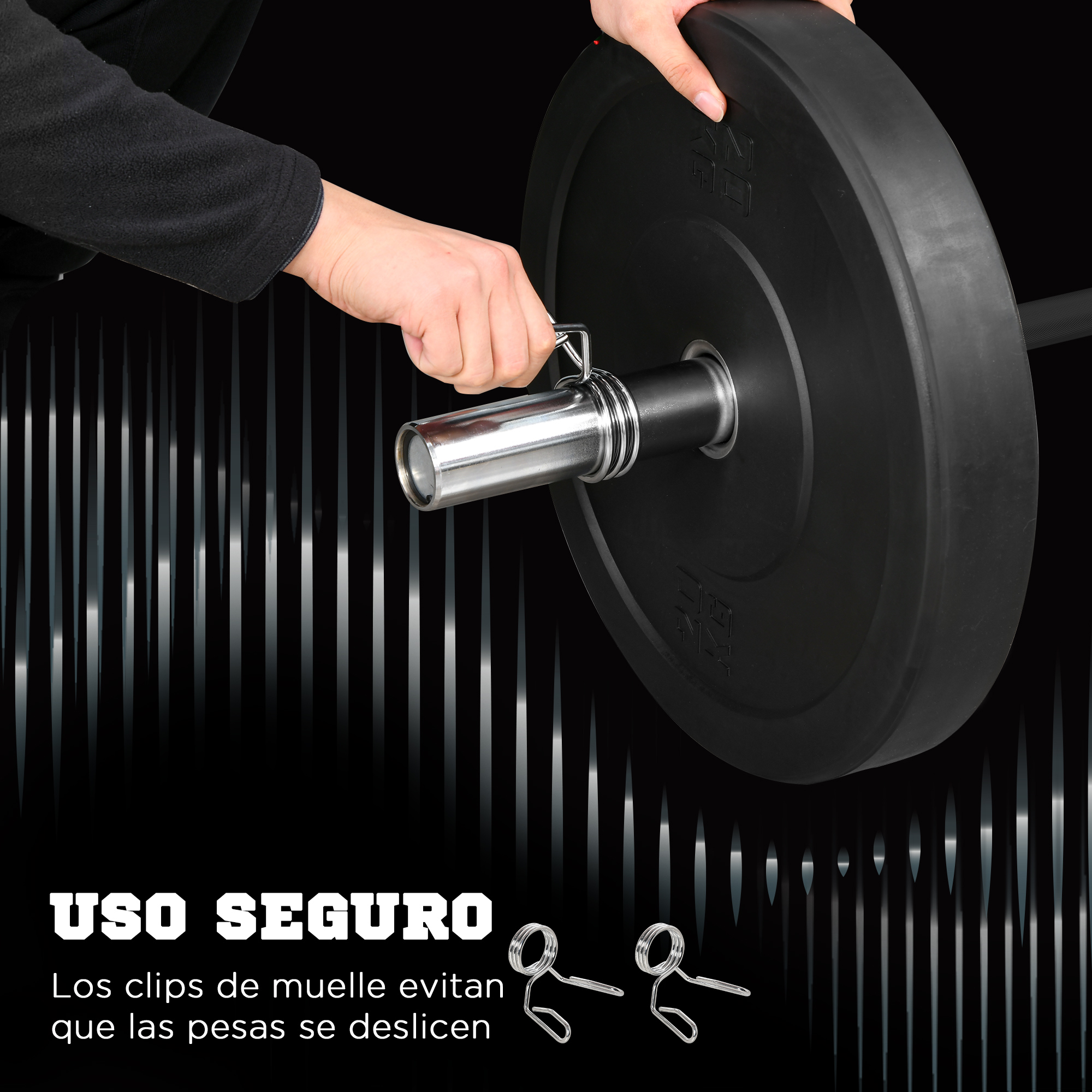 Persona instalando un peso en la barra. Abajo se muestran los clips de resorte.