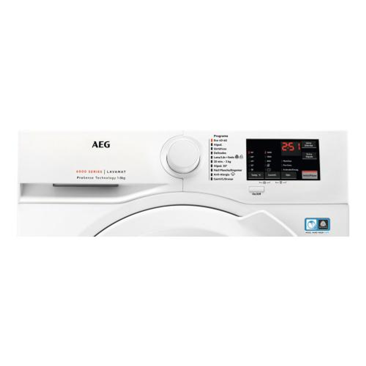 Panel de control de lavadora AEG. Blanco. Pantalla muestra 2:51. Botones y dial visibles. Fondo blanco.