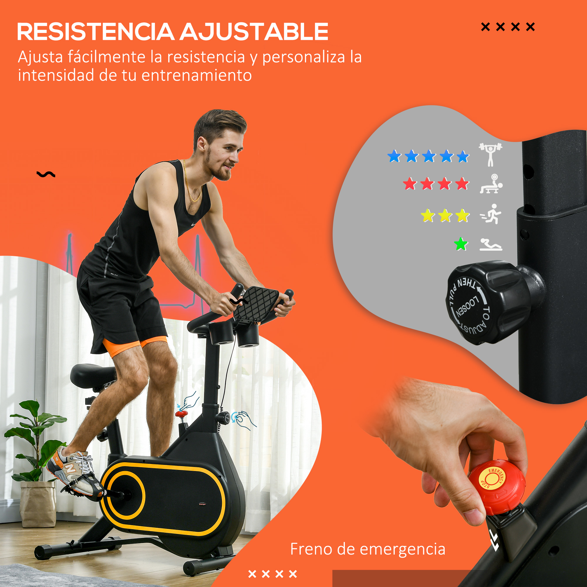 Hombre usando bicicleta estática. Opciones de ajuste y freno de emergencia visibles. Negro y amarillo.