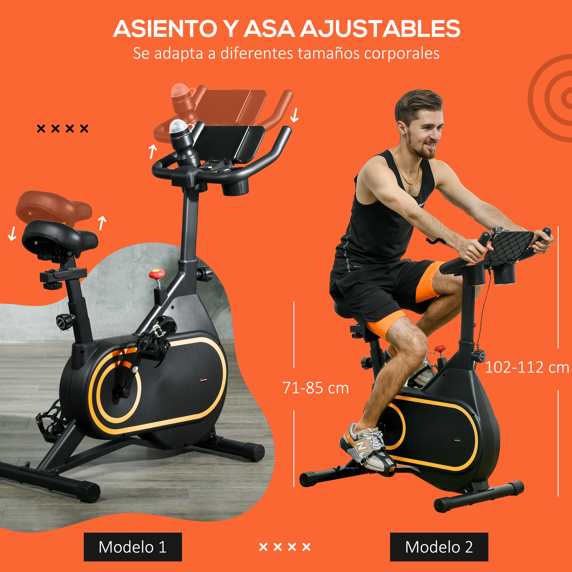Dos bicicletas estáticas con asientos ajustables y alturas de manillar. Persona en una.