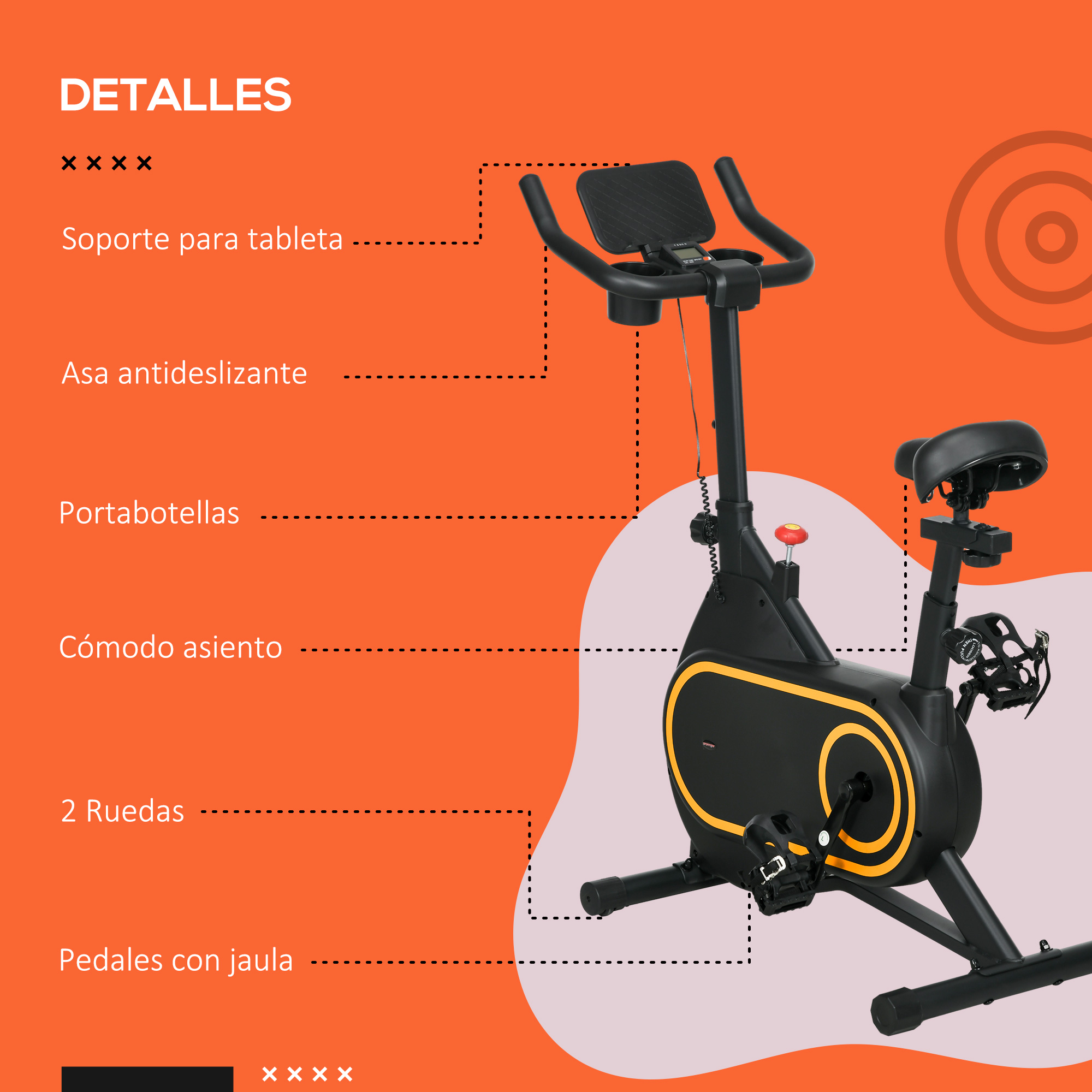 Una bicicleta estática con partes etiquetadas, incluyendo el soporte para tabletas y el asiento cómodo.
