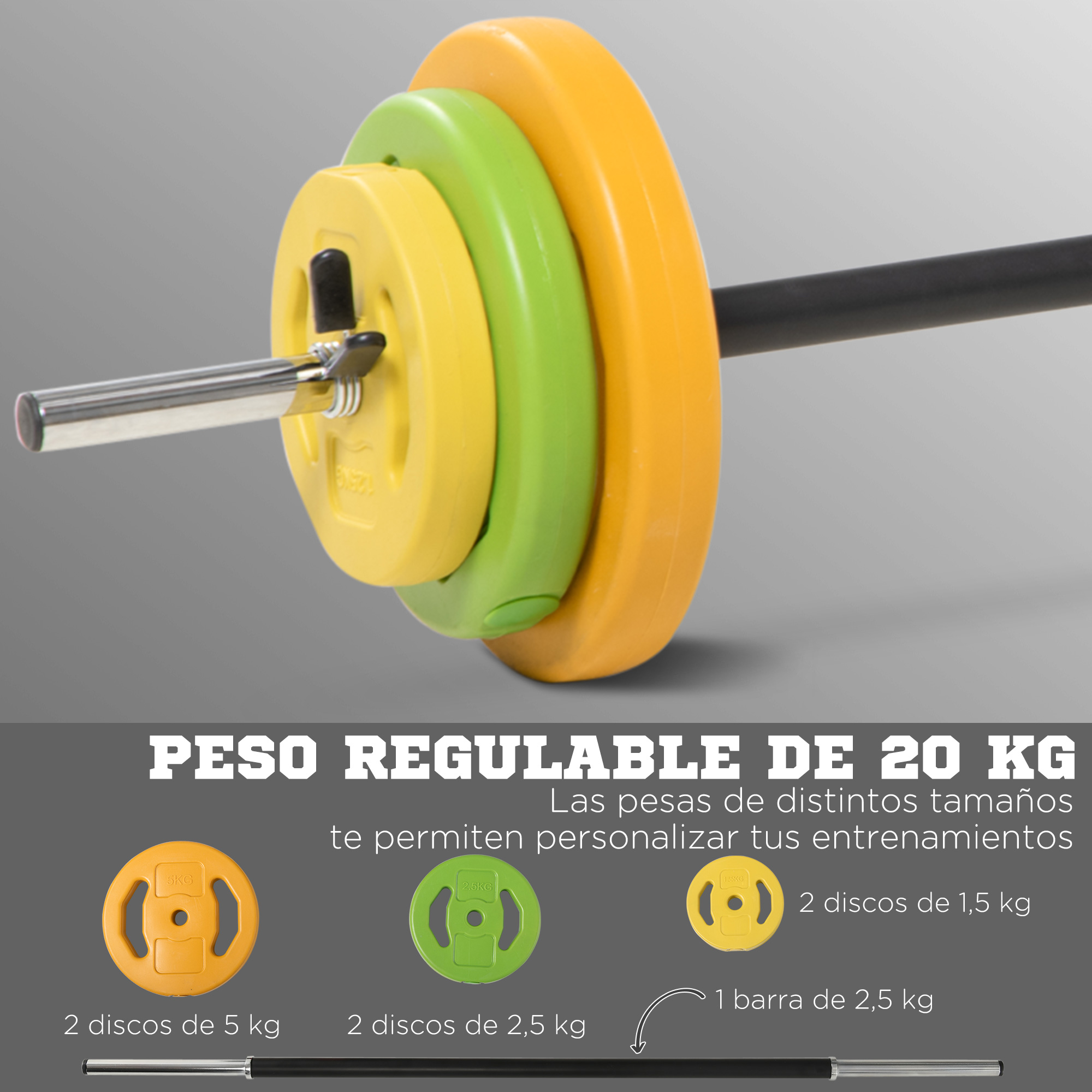 Barra con pesas coloridas, texto: peso ajustable de 20 kg.