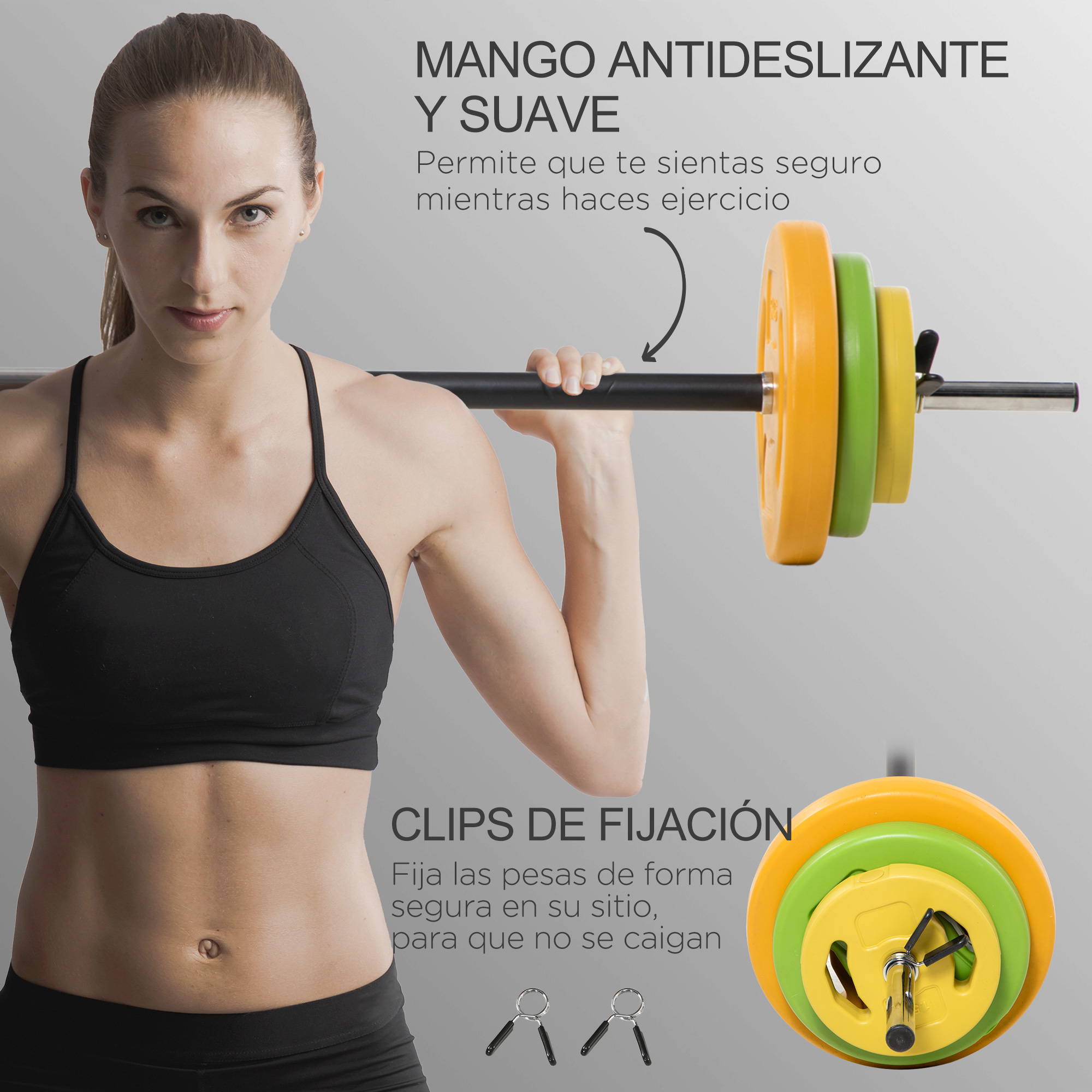 Mujer sosteniendo barra con pesas en un gimnasio. Pesas amarillas, verdes y naranjas en la barra.
