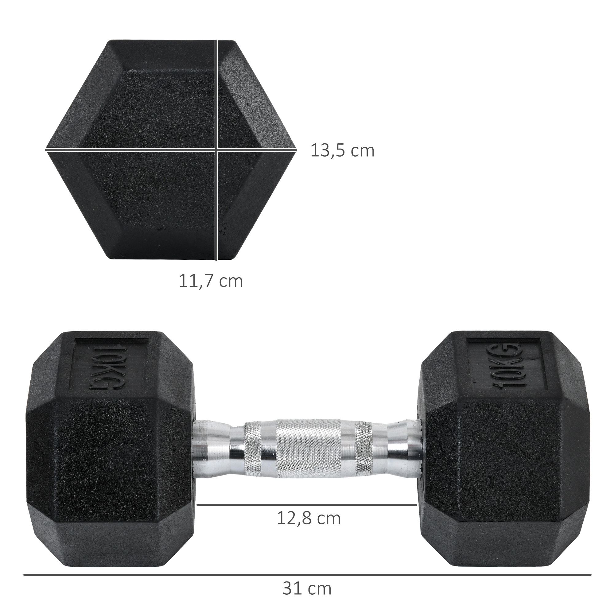 Mancuerna negra. Forma hexagonal, peso de 10 kg marcado. Medidas mostradas.
