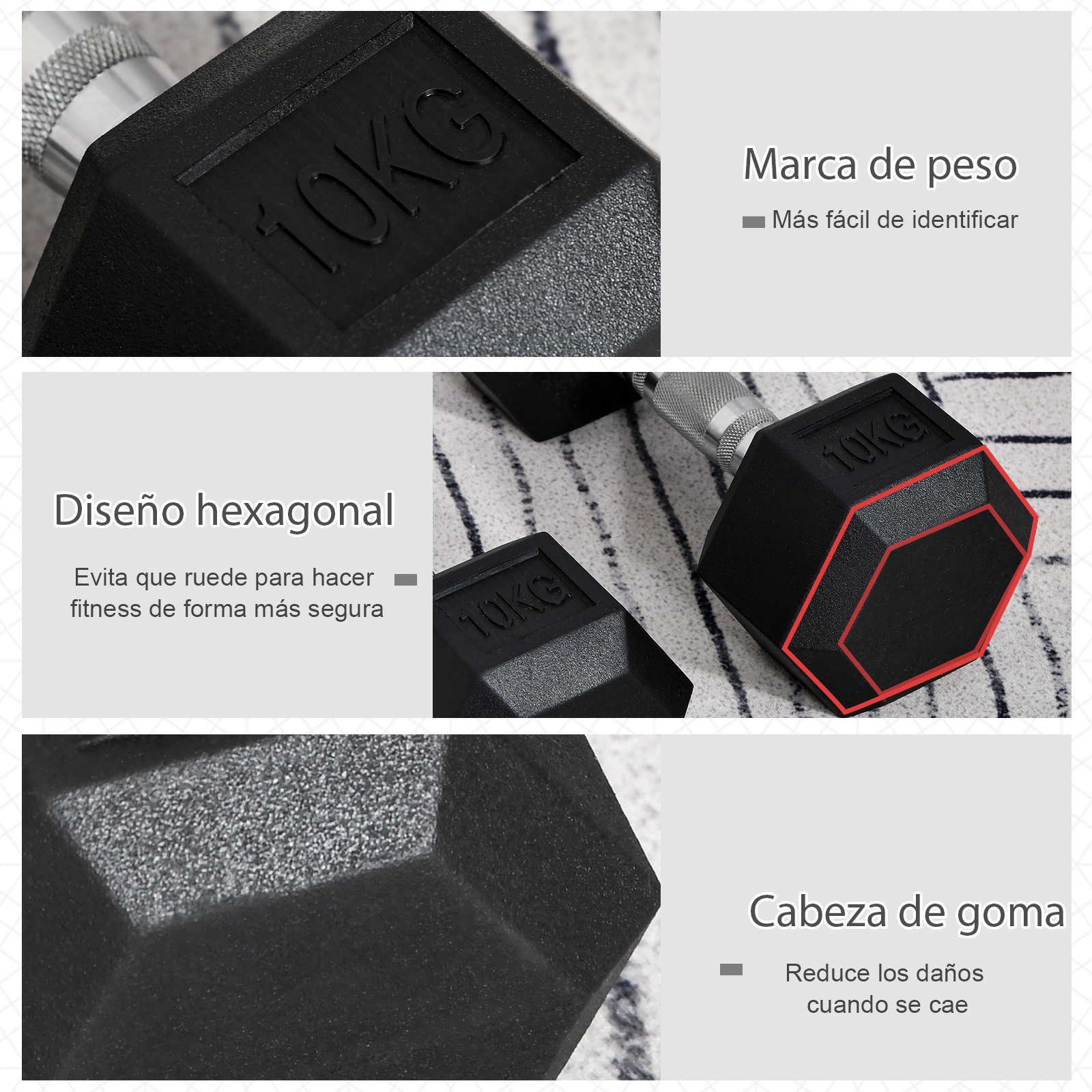 Primer plano de una mancuerna negra que muestra el peso y el diseño.