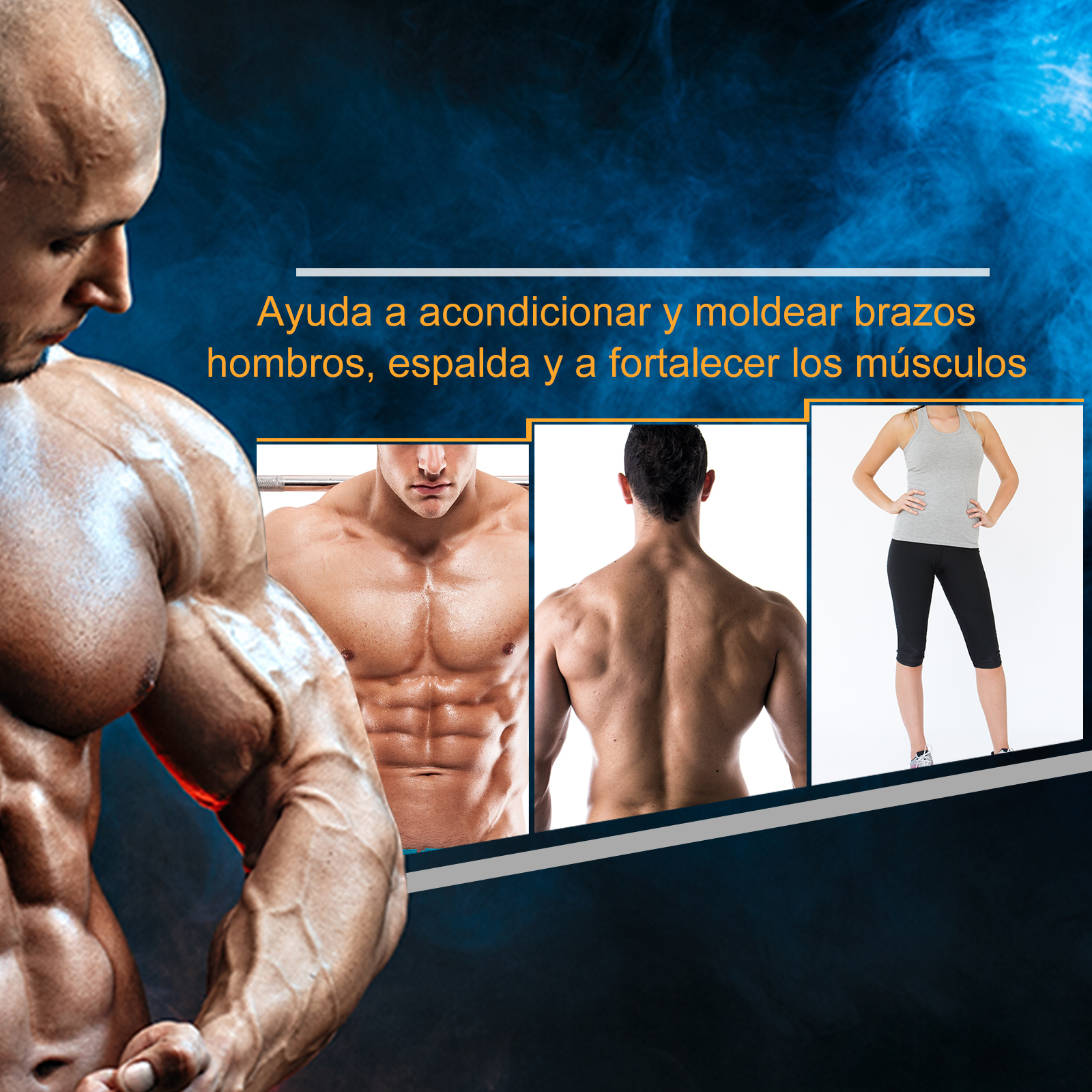 Una imagen que muestra a hombres haciendo ejercicio. Tiene texto en español sobre músculos de brazos, hombros y espalda.
