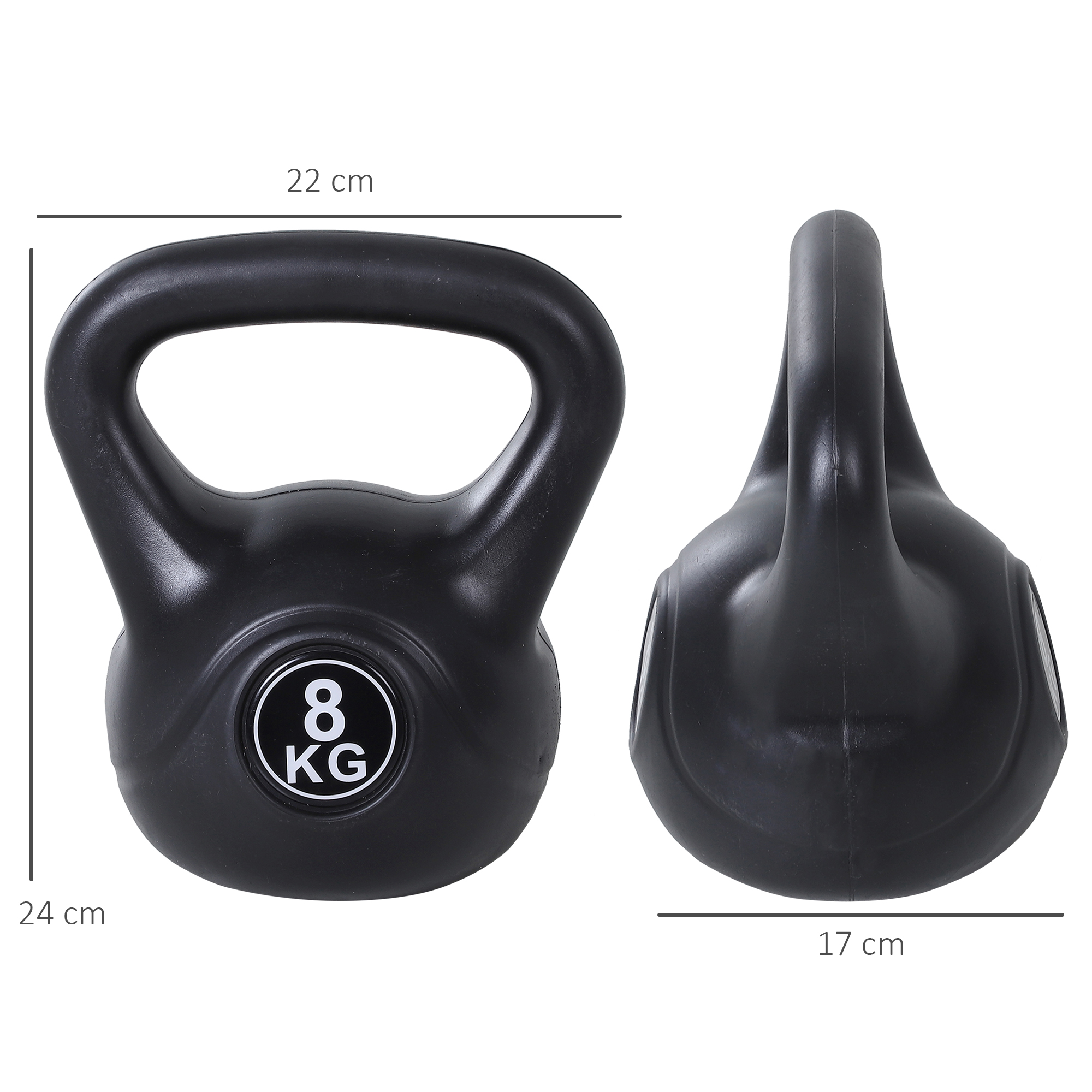 Kettlebell negra, vista lateral con dimensiones. Etiqueta de peso 8 KG. Mango negro.