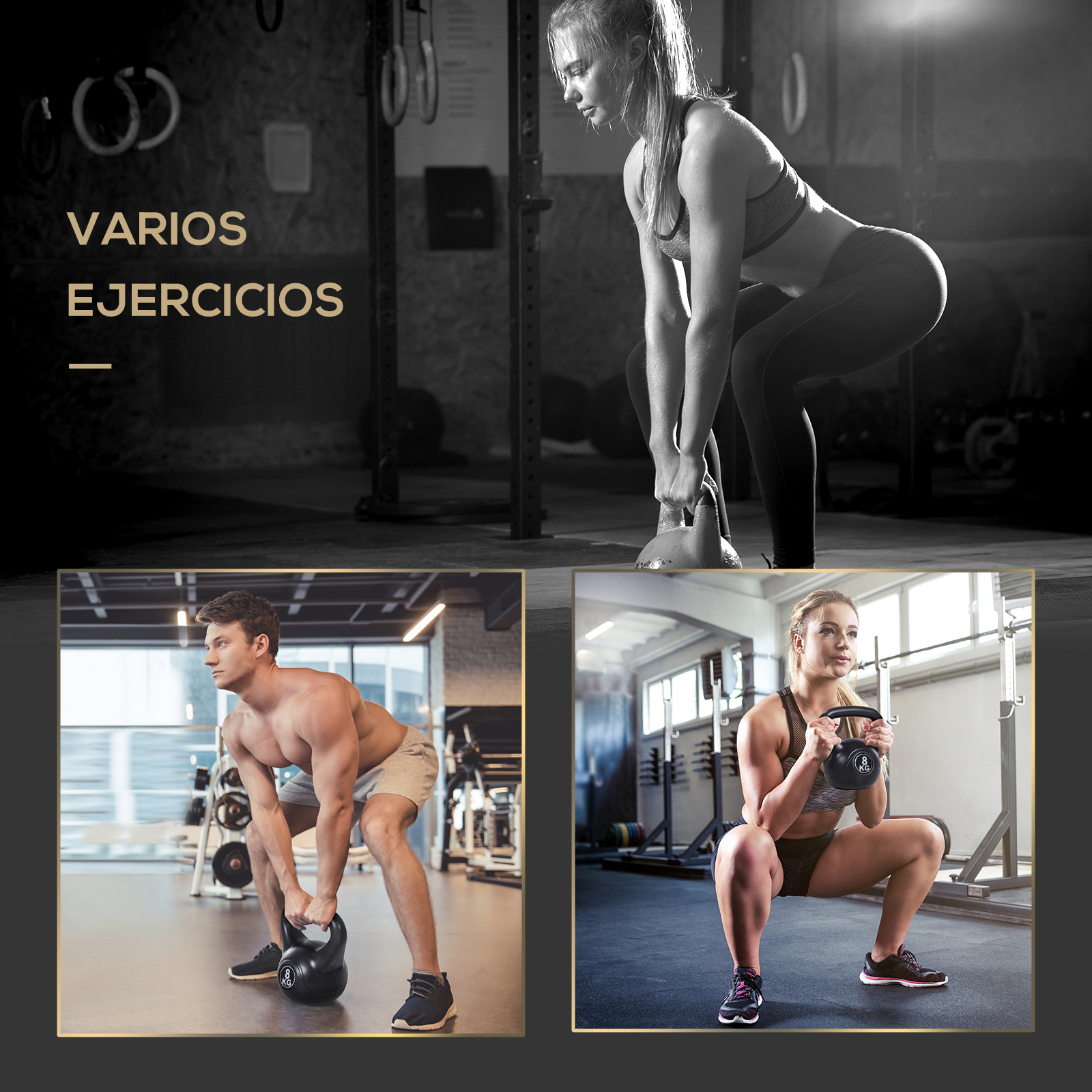 Escena de gimnasio con personas ejercitándose con pesas rusas. Incluye texto en español.