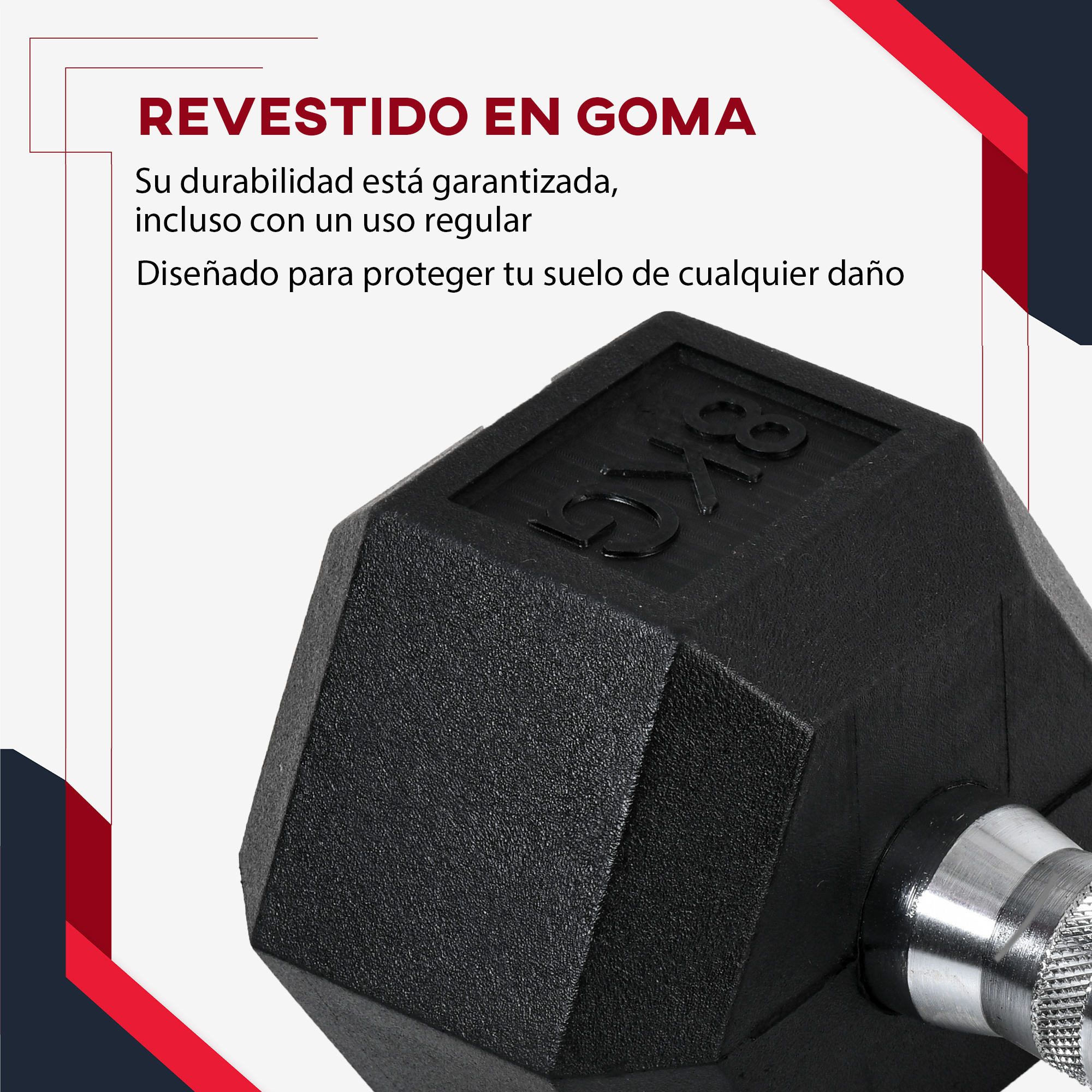 Texto en mancuerna: "REVESTIDO EN GOMA", durabilidad garantizada, diseñado para proteger suelos.