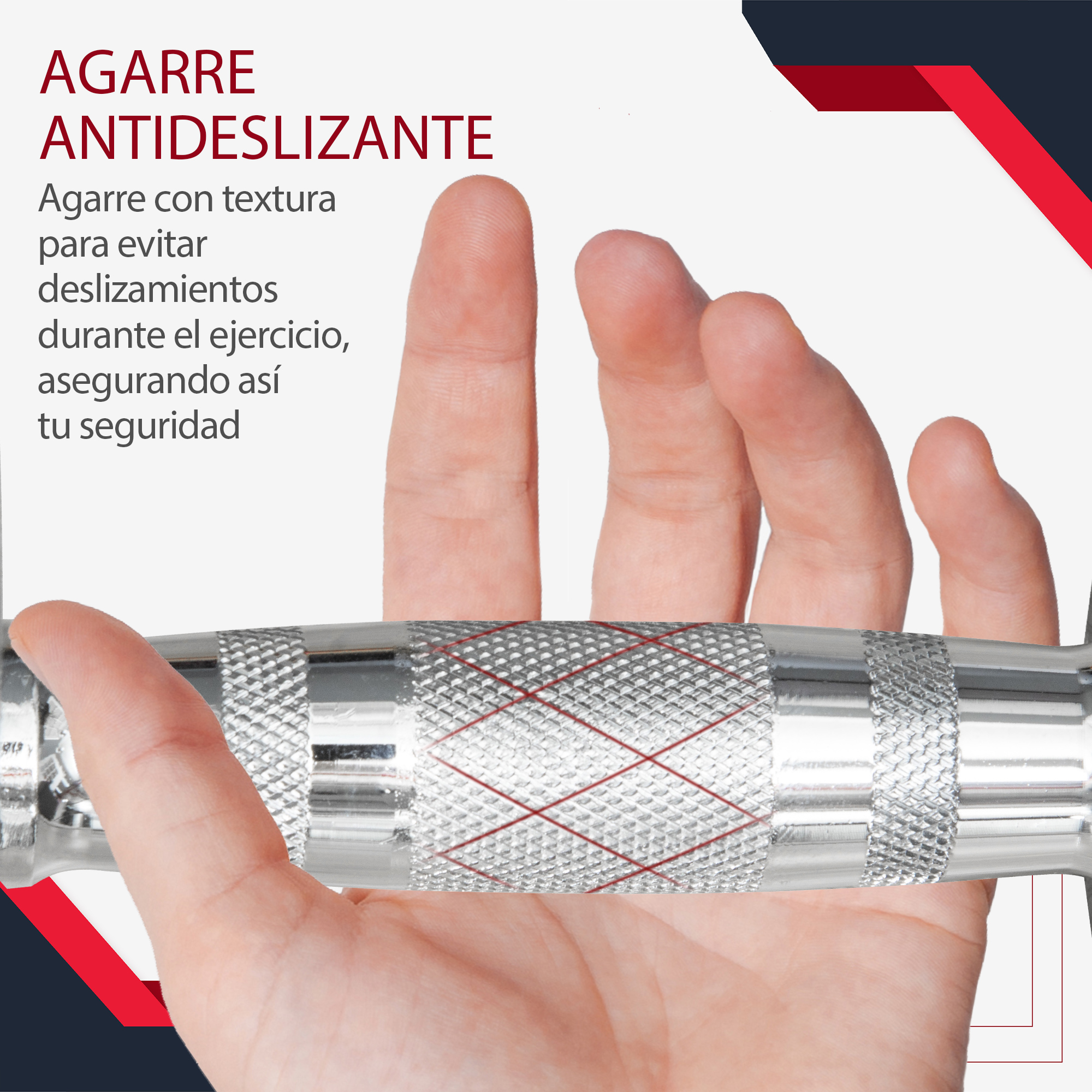 Mano sosteniendo una barra con agarre texturizado, acentos rojos, texto en español.