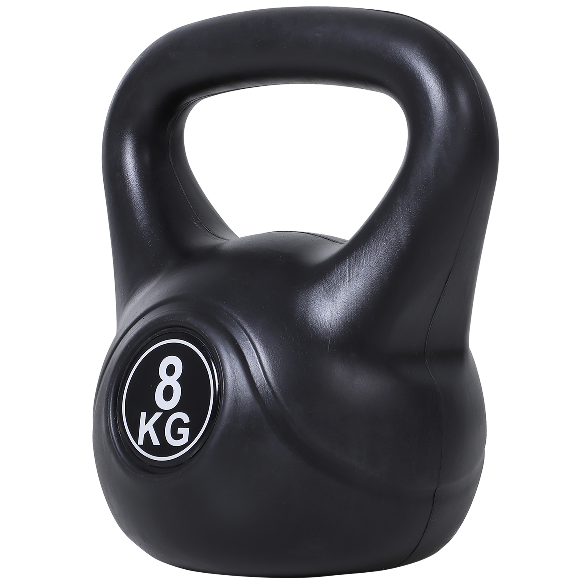 Kettlebell negra con asa redonda. El peso, 8 kg, está en el frente.
