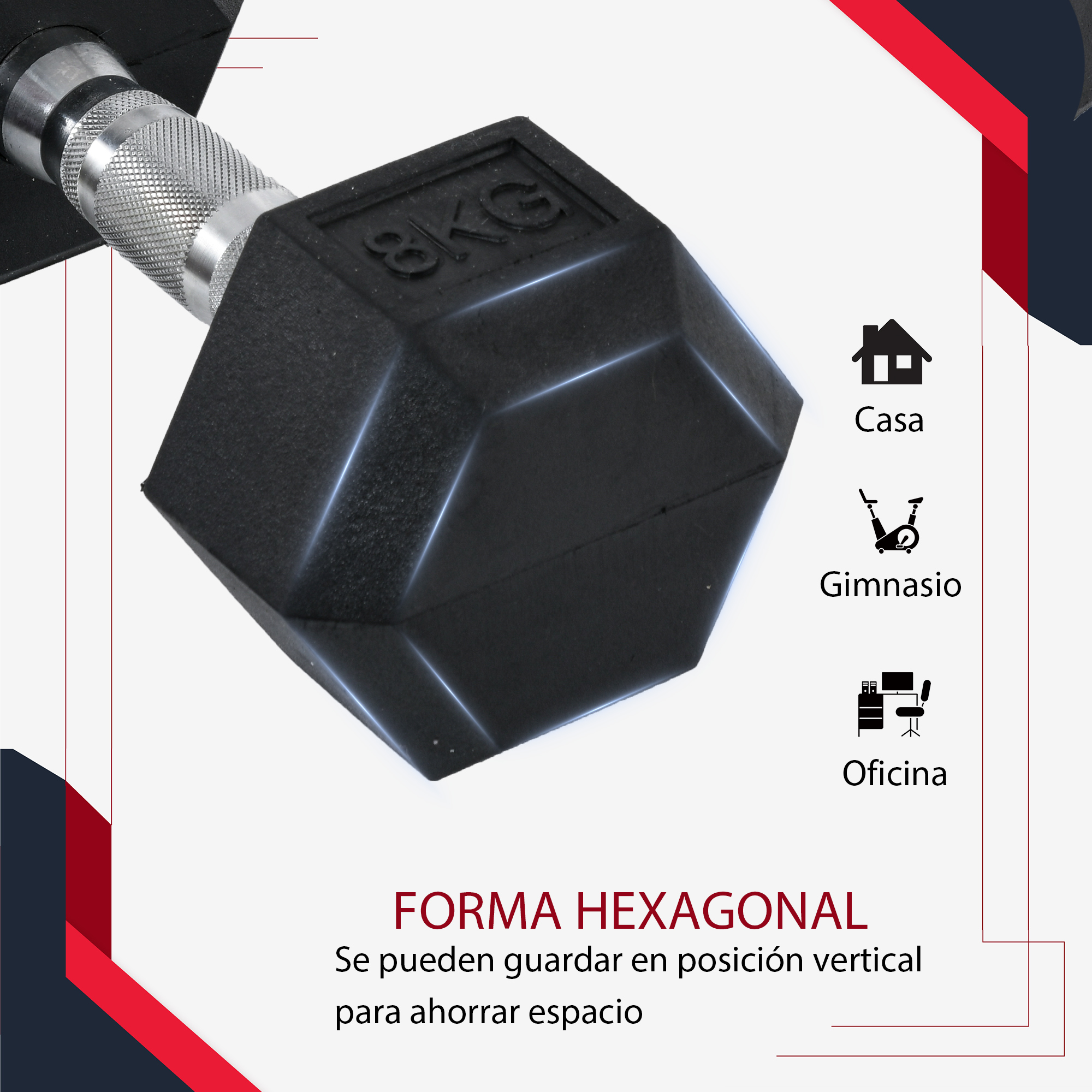 Mancuerna hexagonal negra con texto: 8 kg. Texto: Forma hexagonal para almacenamiento vertical.
