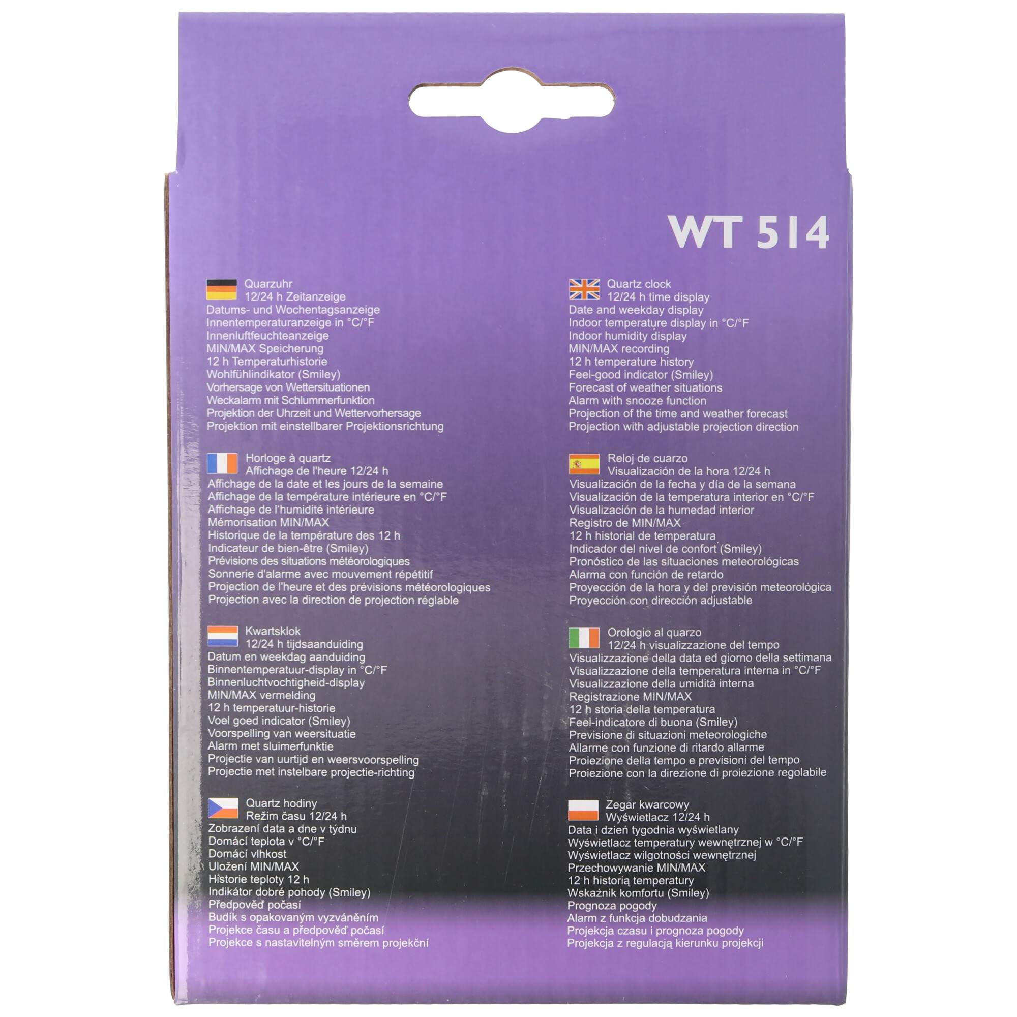 WT 514 Uhrenverpackung mit Text in mehreren Sprachen, darunter Deutsch, Englisch und Spanisch.