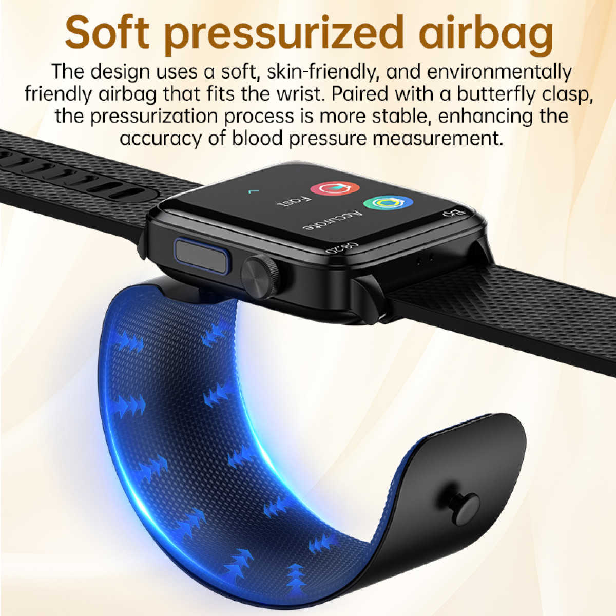 Smartwatch z czarnym paskiem na nadgarstku, zakrzywiony dla dopasowania. Widoczny niebieski materiał ze strzałkami.