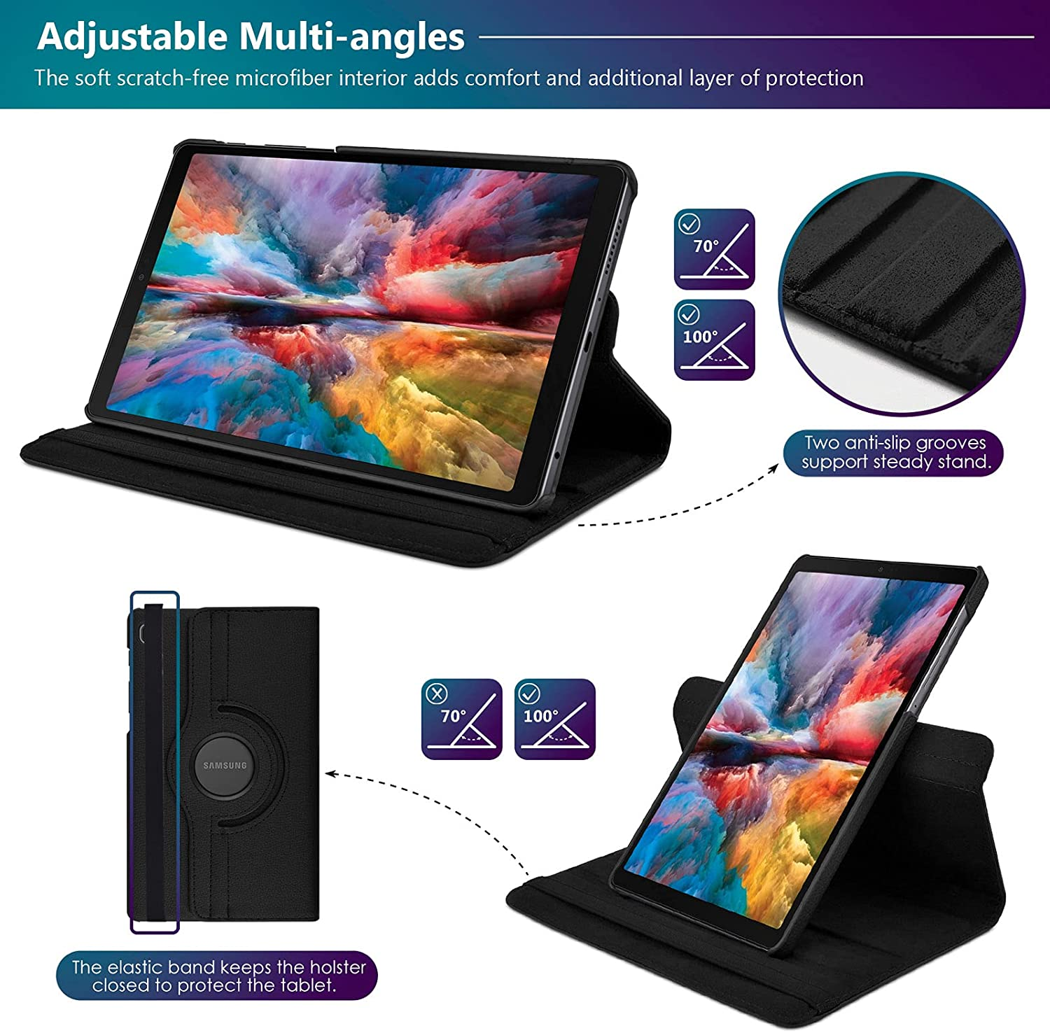 Schwarze Tablethülle, mit verstellbaren Winkeln, zeigt Tablet in verschiedenen Positionen.