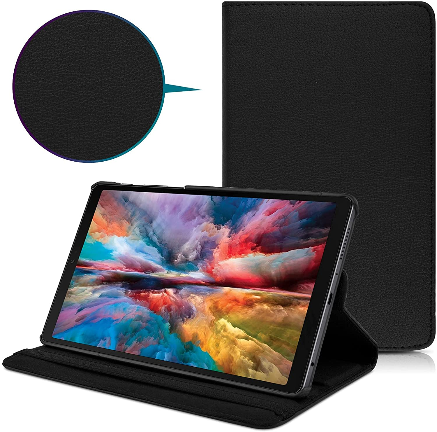 Schwarzes Tablet in einer schwarzen Hülle, geöffnet und stehend.