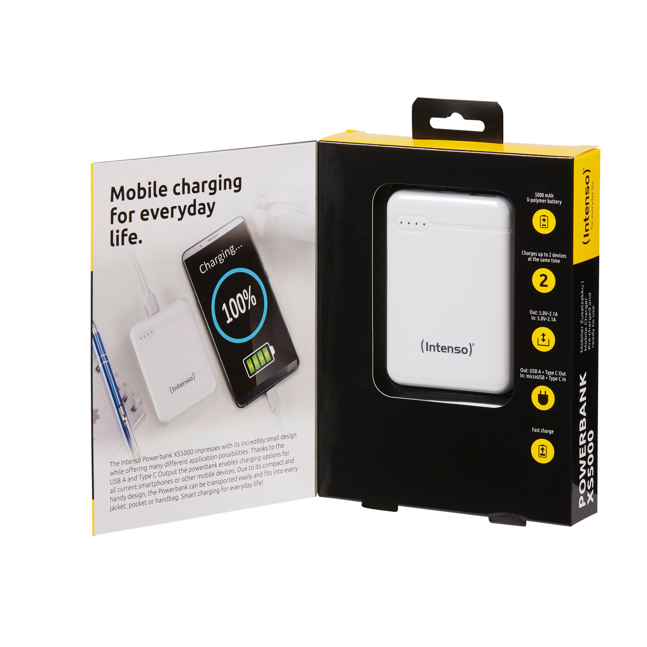 Witte en zwarte powerbank met een doos. De doos bevat informatie over het opladen.