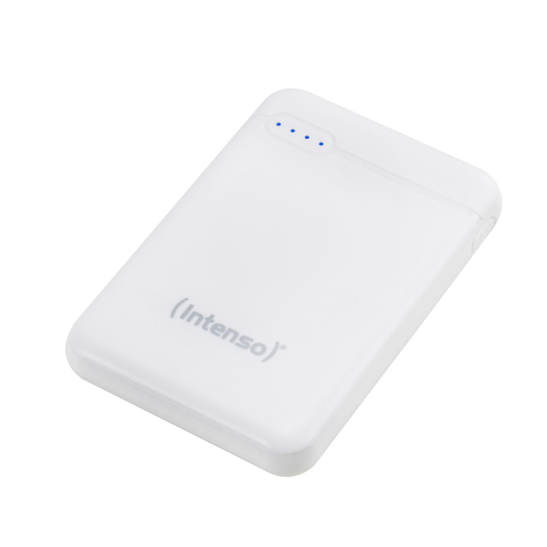 Witte, rechthoekige powerbank met de merknaam (Intenso) erop.