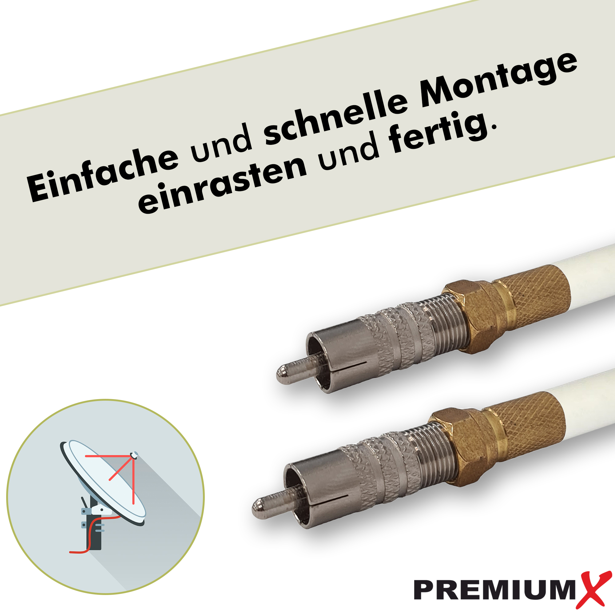 Zwei weiße Satellitenkabel mit Steckern. Text auf Deutsch: Einfache und schnelle Montage, einrasten und fertig.