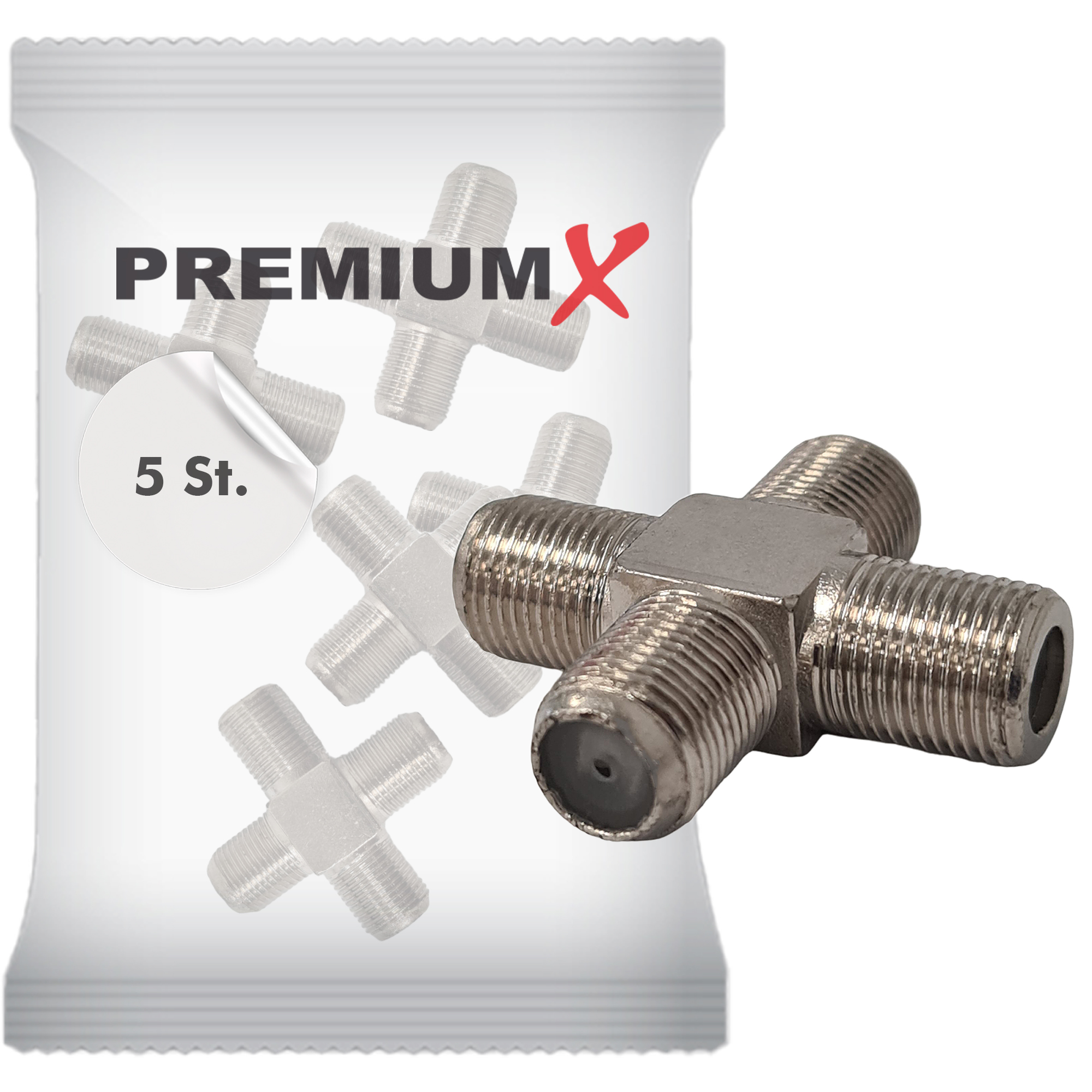 Eine Packung Koaxialkabel-Anschlüsse mit dem Wort "PREMIUMX" darauf.