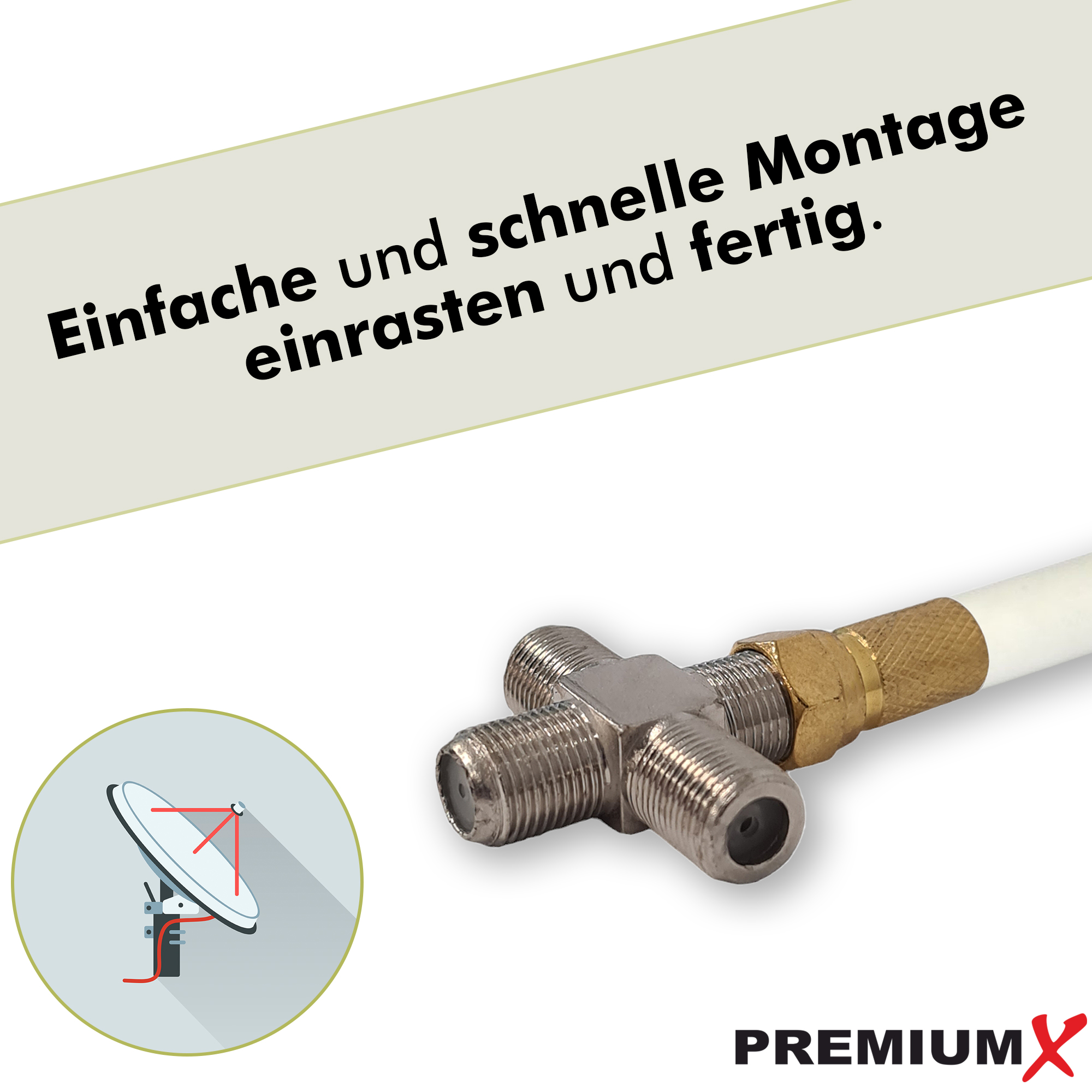Anschluss mit Text und Diagramm eines Satellitenschüssel-Setups.