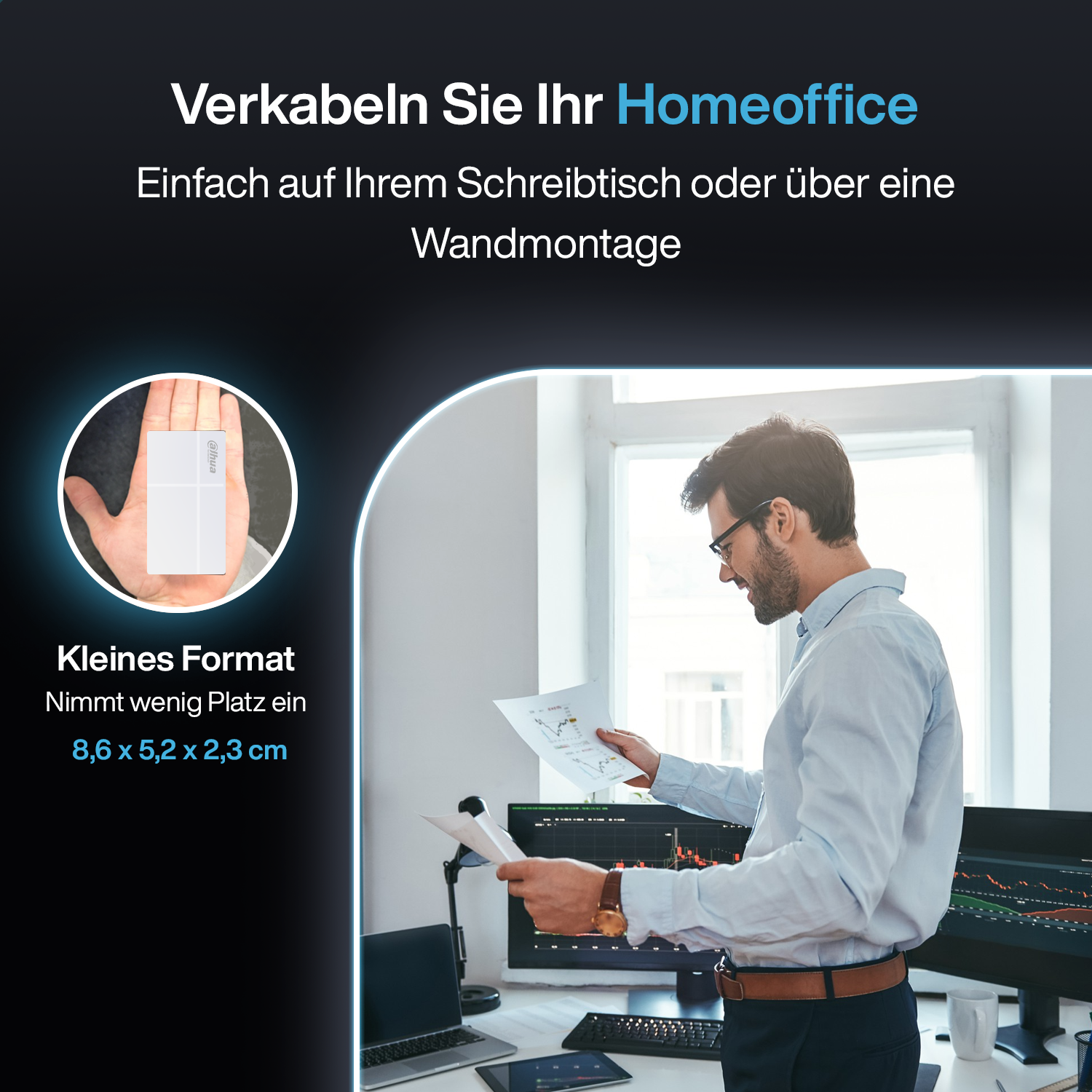 Das Bild zeigt einen kleinen, weißen Netzwerk-Switch mit den Maßen 8,6 x 5,2 x 2,3 cm, der in der Nähe eines Laptops platziert ist.