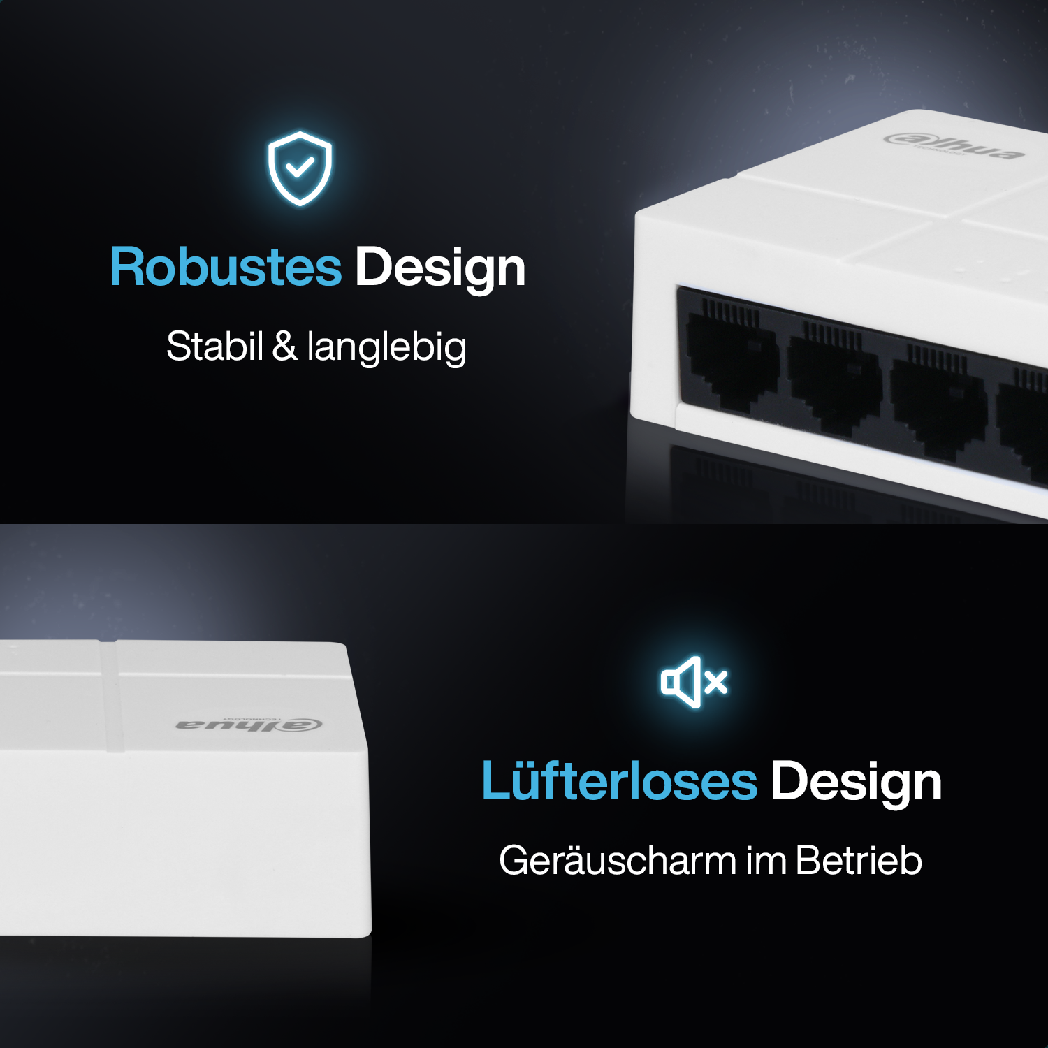 Das Bild zeigt einen weißen Netzwerk-Switch, der sein robustes und lüfterloses Design hervorhebt.