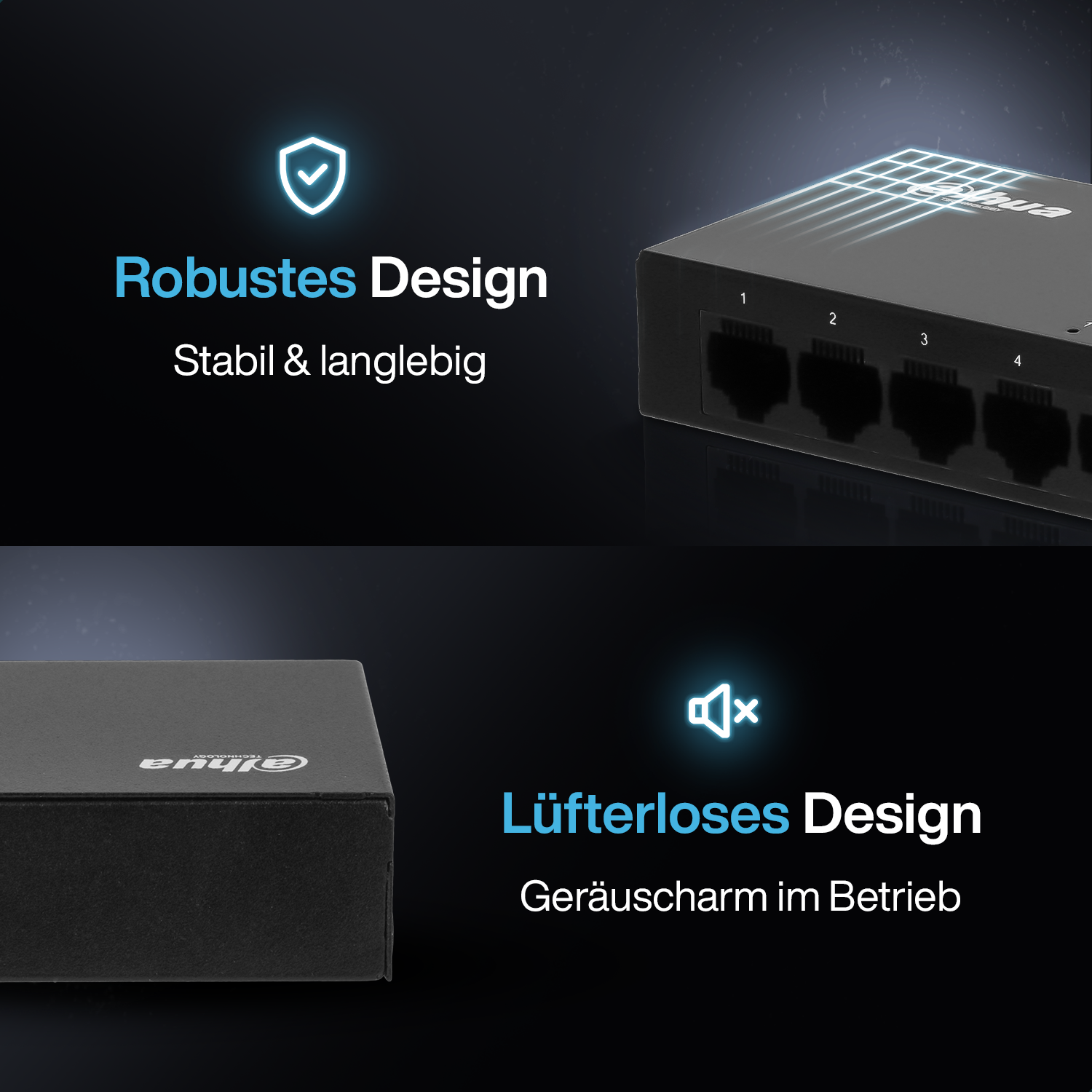 Switch di rete nero con porte. Testo a sinistra: Design robusto. Testo a destra: Design senza ventola.