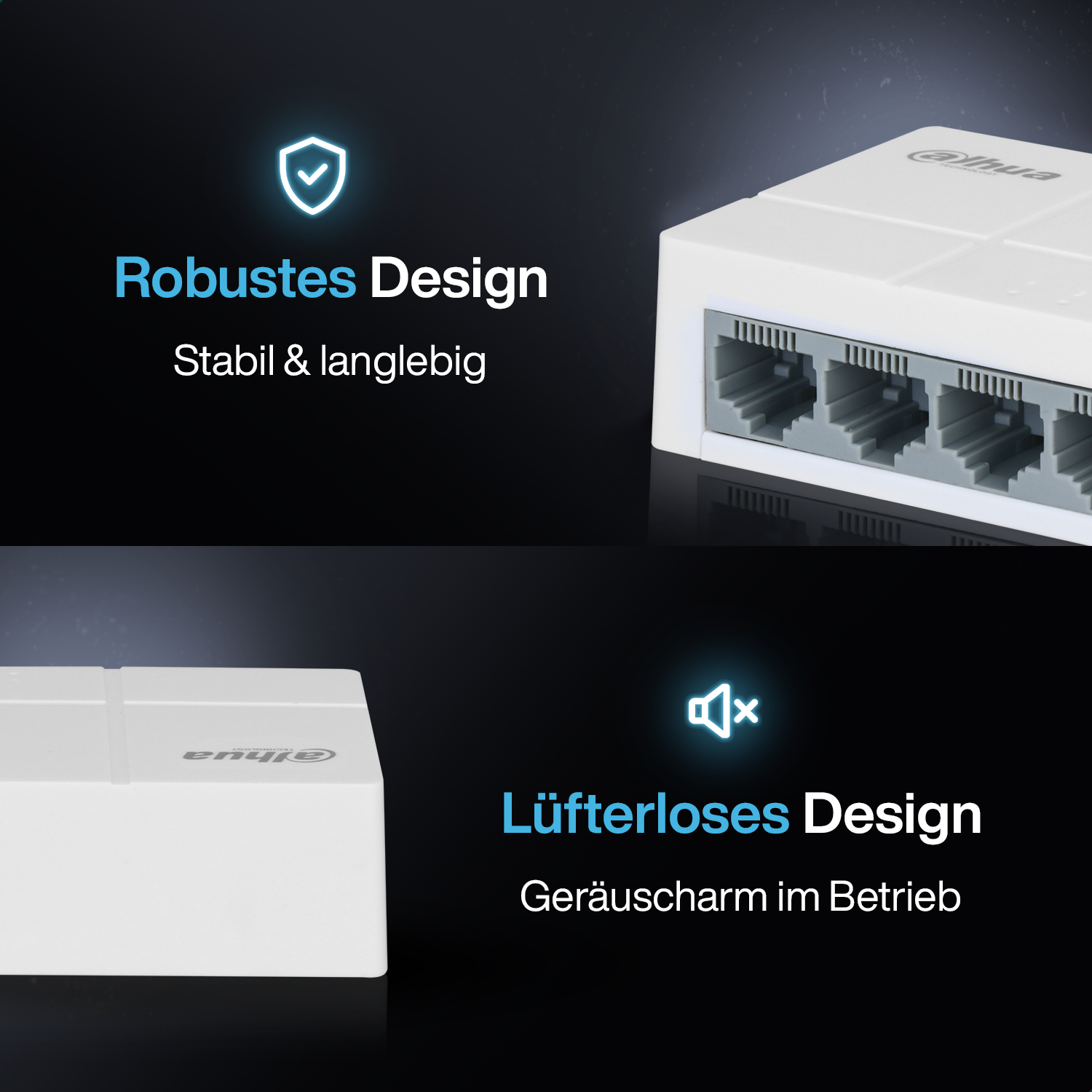 Dispositivo di rete bianco con porte RJ45, sfondo nero.