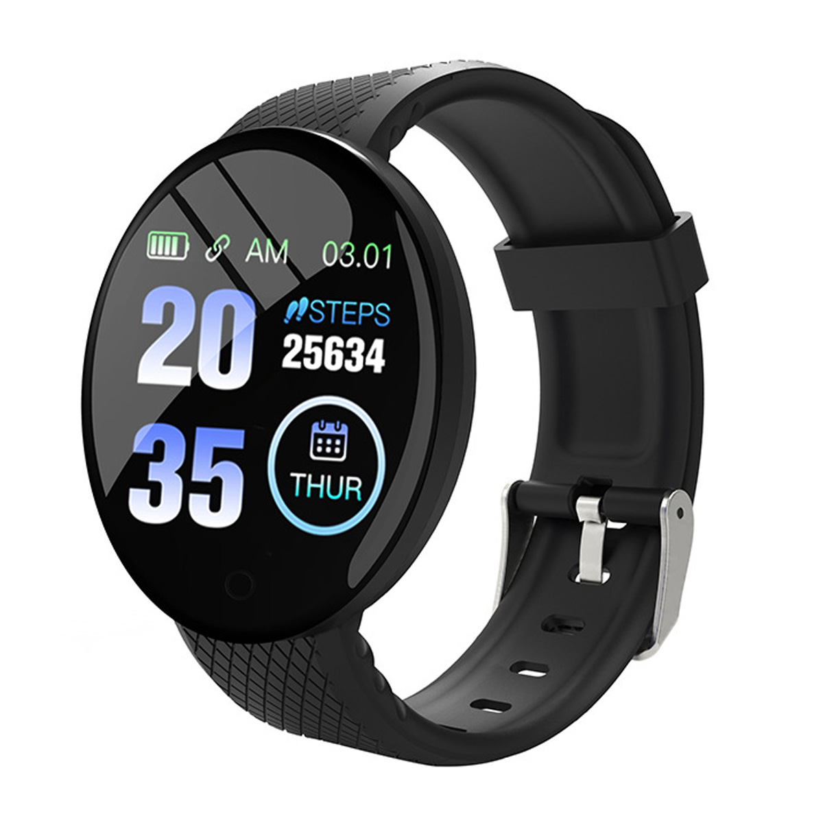 Eine schwarze Smartwatch mit schwarzem Armband und digitaler Anzeige.