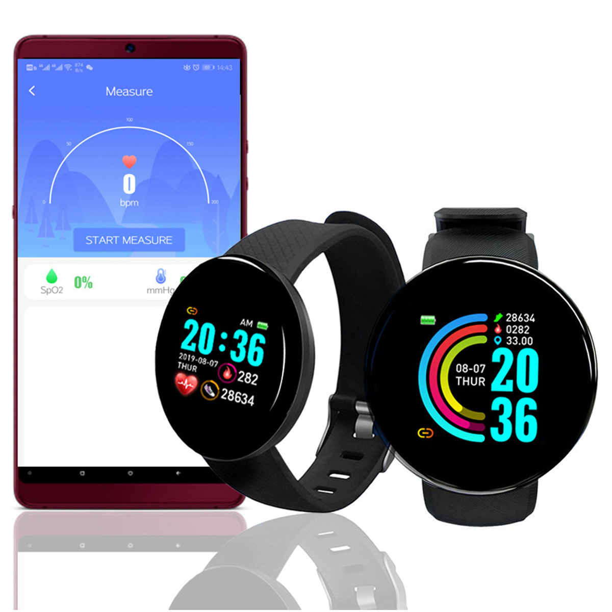 Zwei Smartwatches zeigen Zeit und Gesundheitsdaten. Ein Telefon zeigt einen Herzfrequenzmesser.