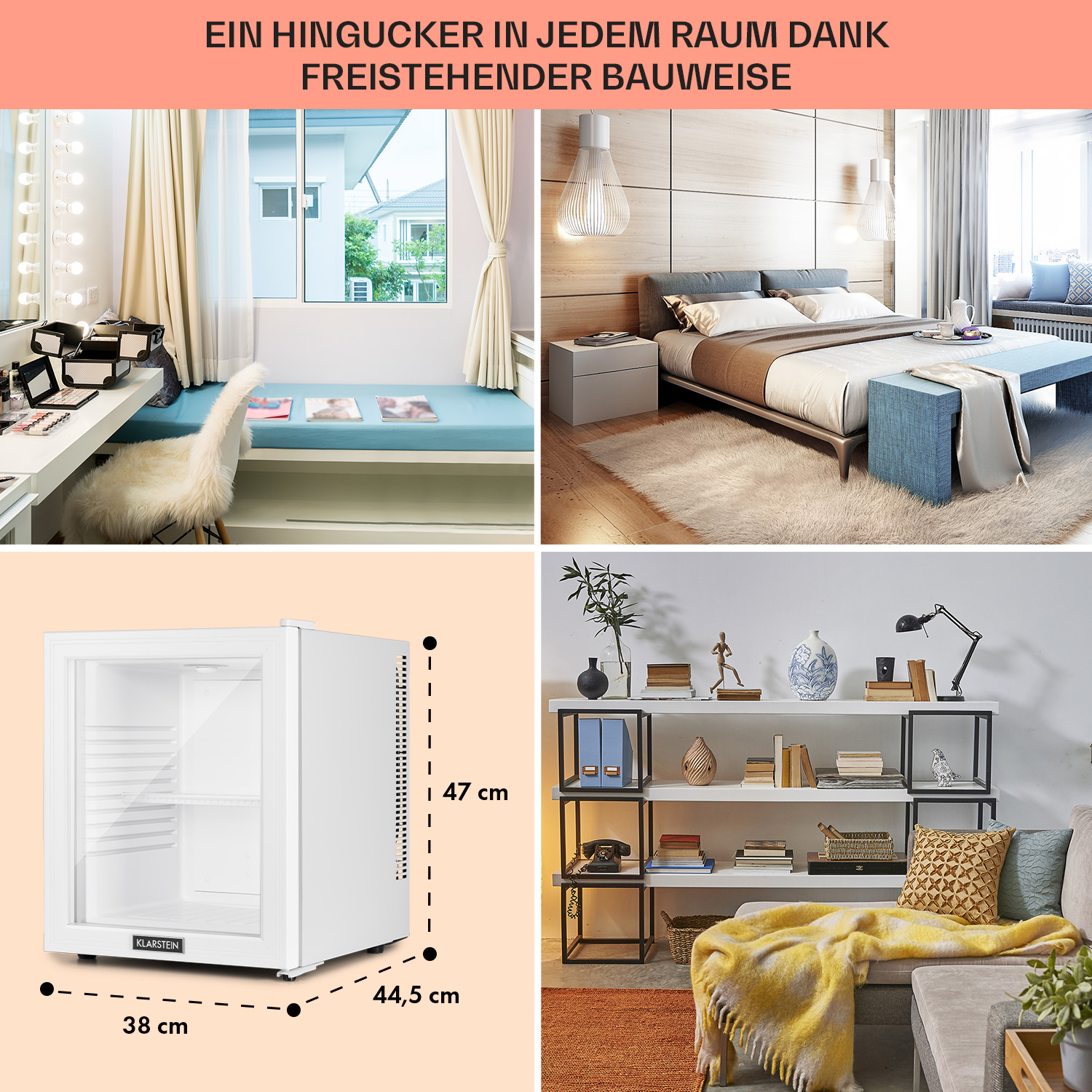Collage de escenas interiores: dormitorio, salón y una mini-nevera con dimensiones.