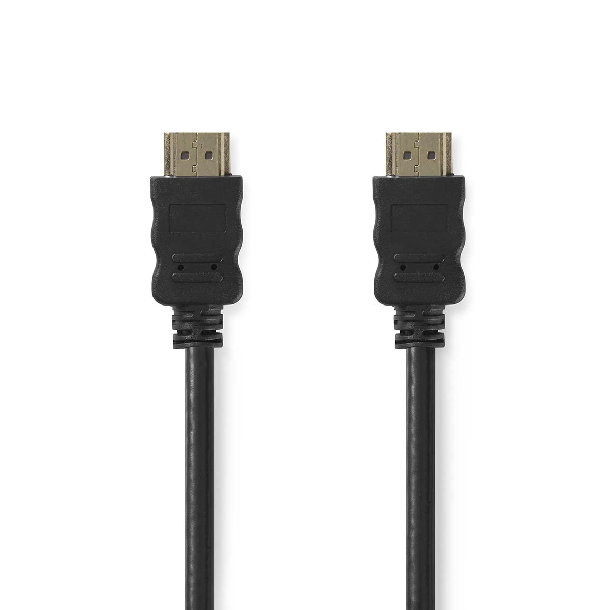 Twee zwarte HDMI-kabels met goudkleurige connectoren, tegen een witte achtergrond.