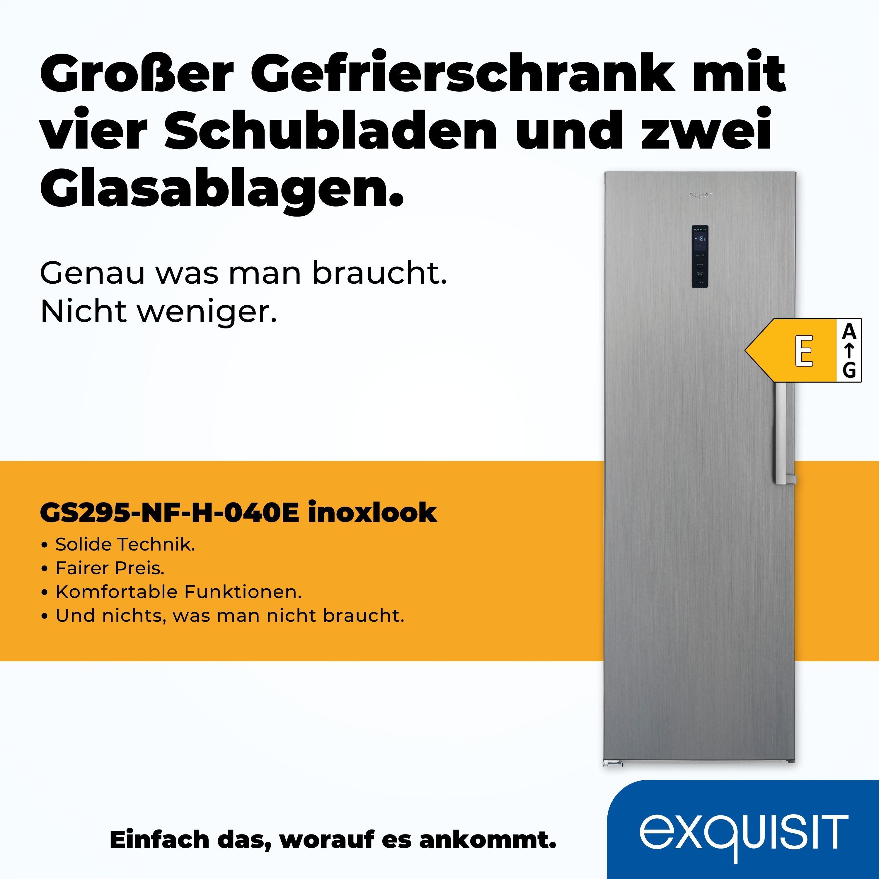 Ein silberner Kühlschrank mit vier Schubladen und zwei Glasablagen, mit einem Energieeffizienz-Label.