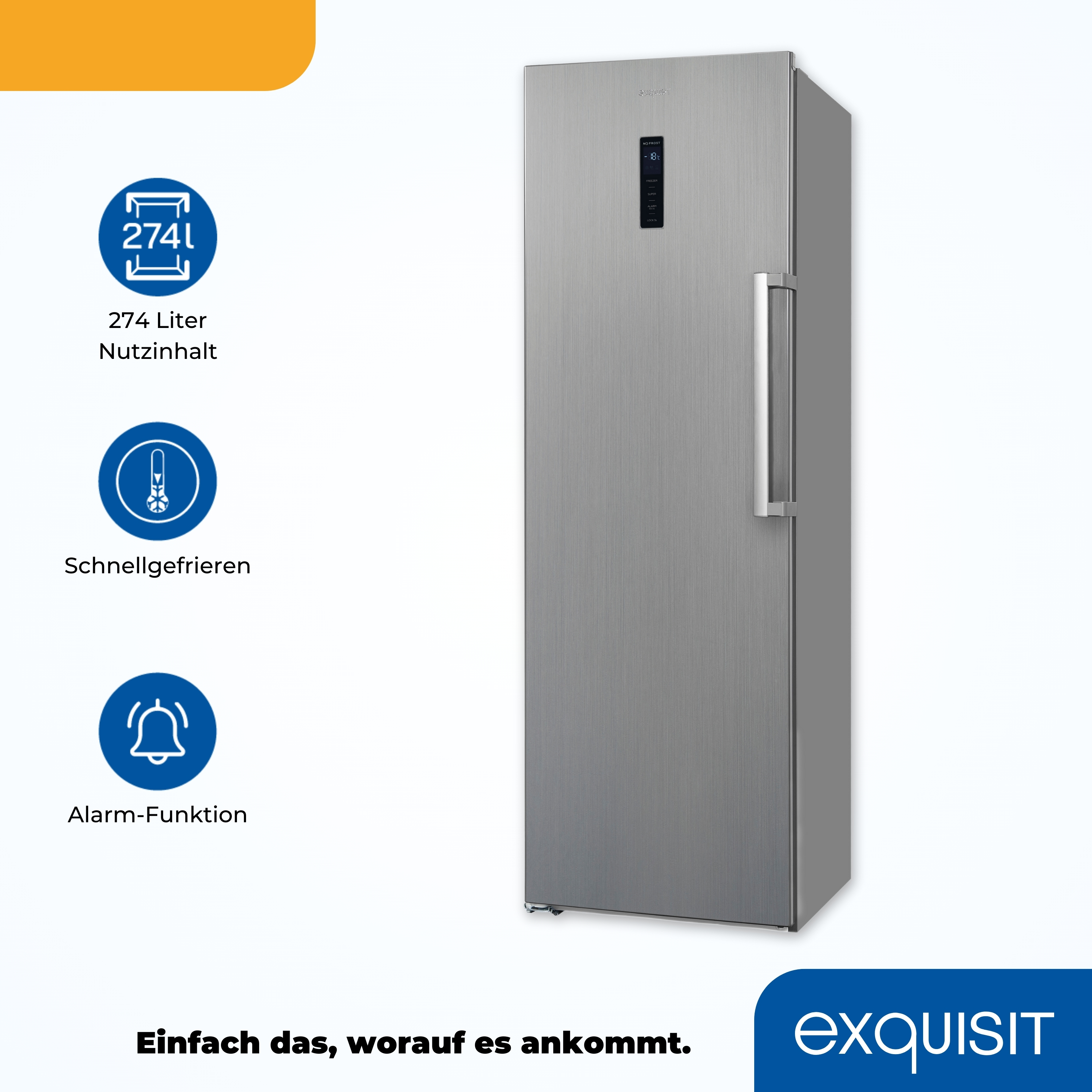 Silberner Kühlschrank mit Text. Text enthält '274L', 'Schnellfrieren' und 'Alarmfunktion'.