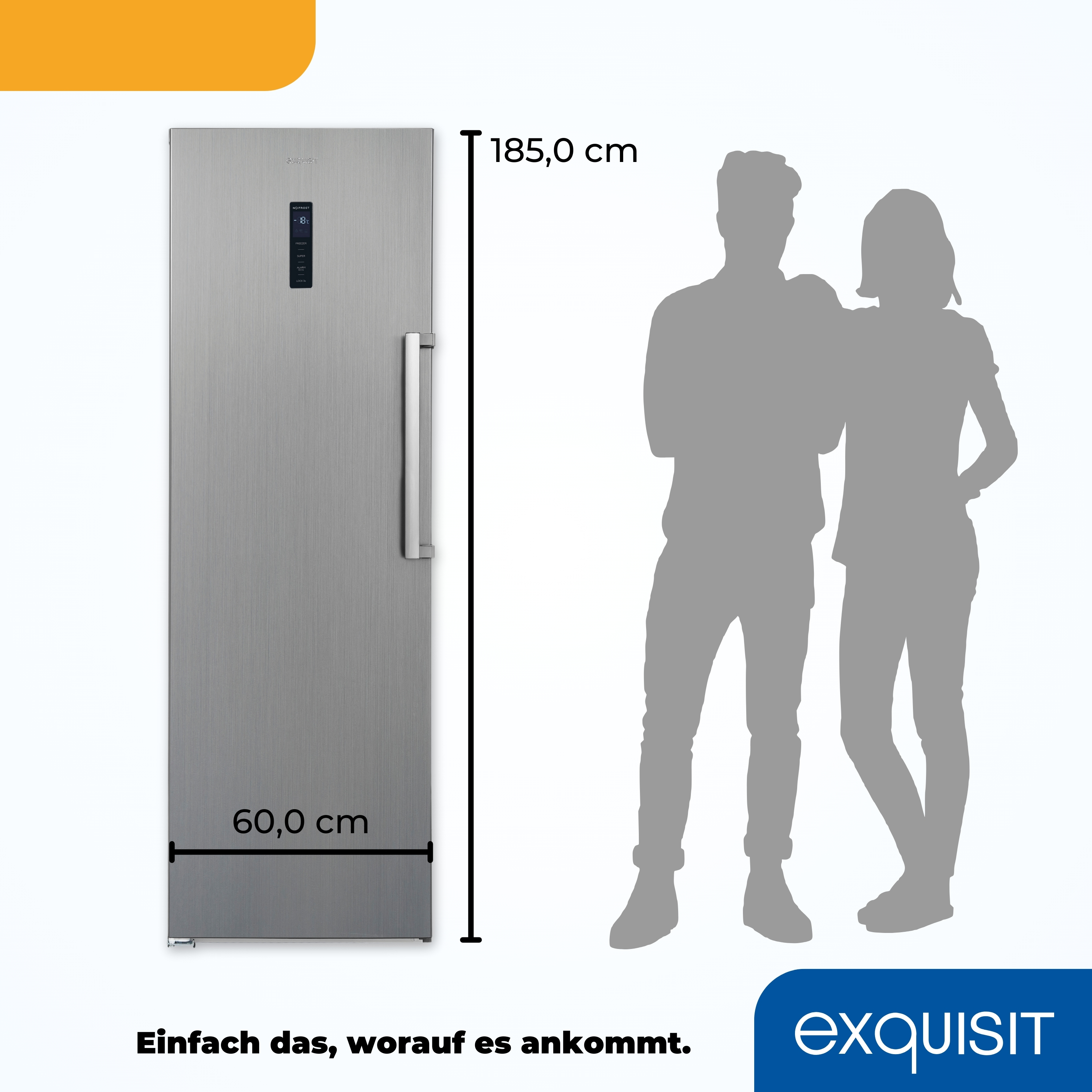 Ein hoher, silberner Kühlschrank mit einer menschlichen Silhouette zum Maßstab.