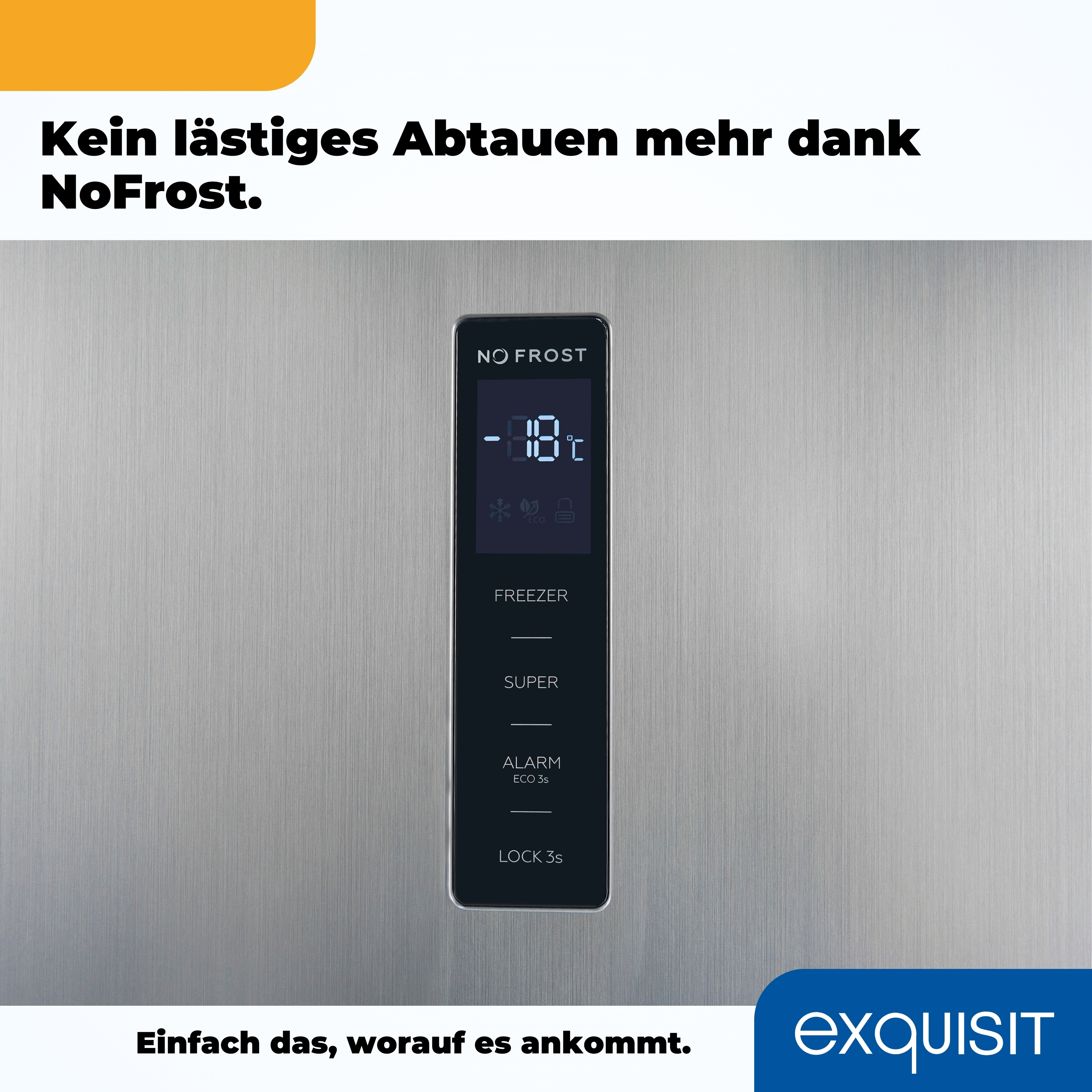Ein Kühlschrank mit Bedienfeld, das -18 Grad Celsius und das Wort 'NO FROST' anzeigt.