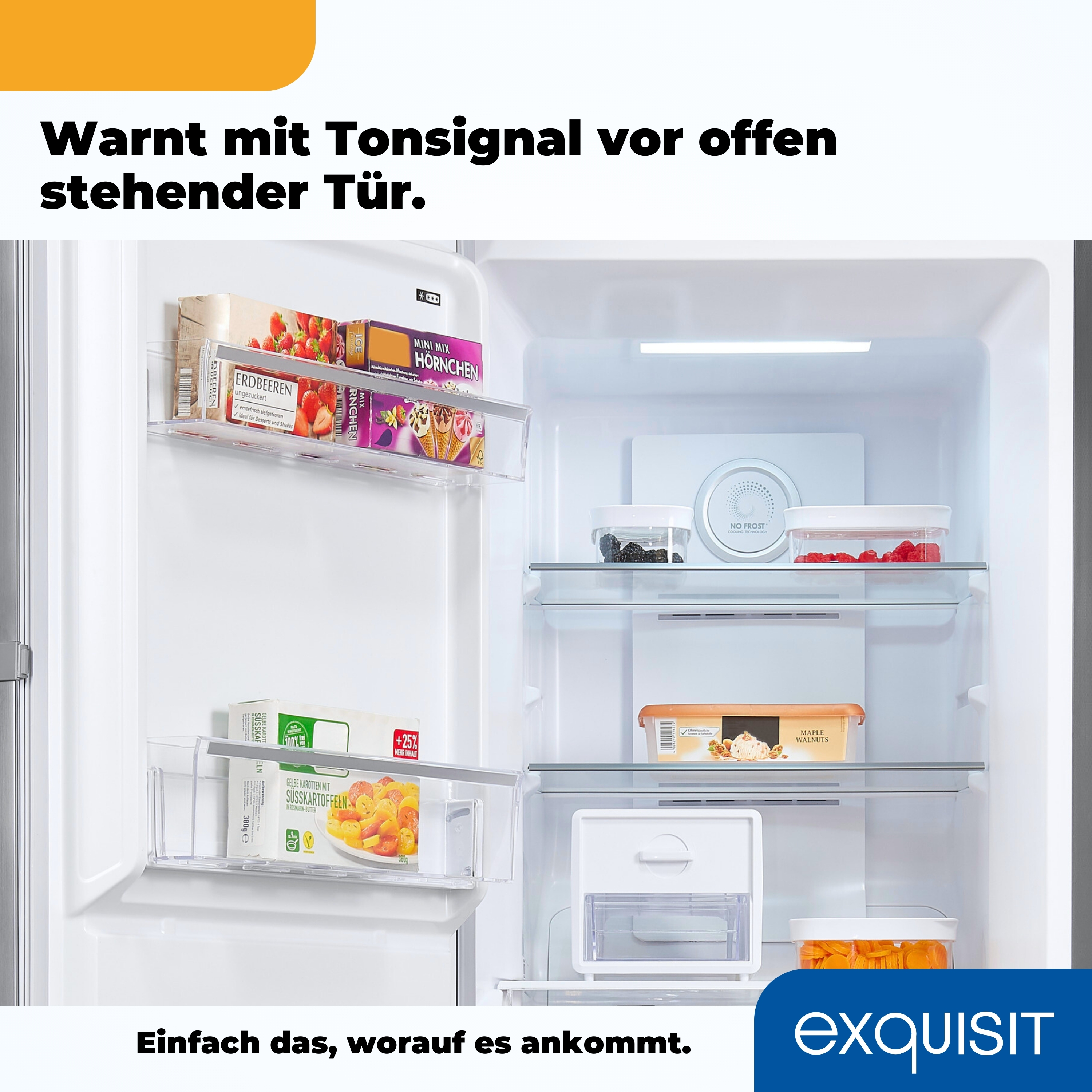 Ein Kühlschrank mit Lebensmitteln, Text: 'exquisit'.